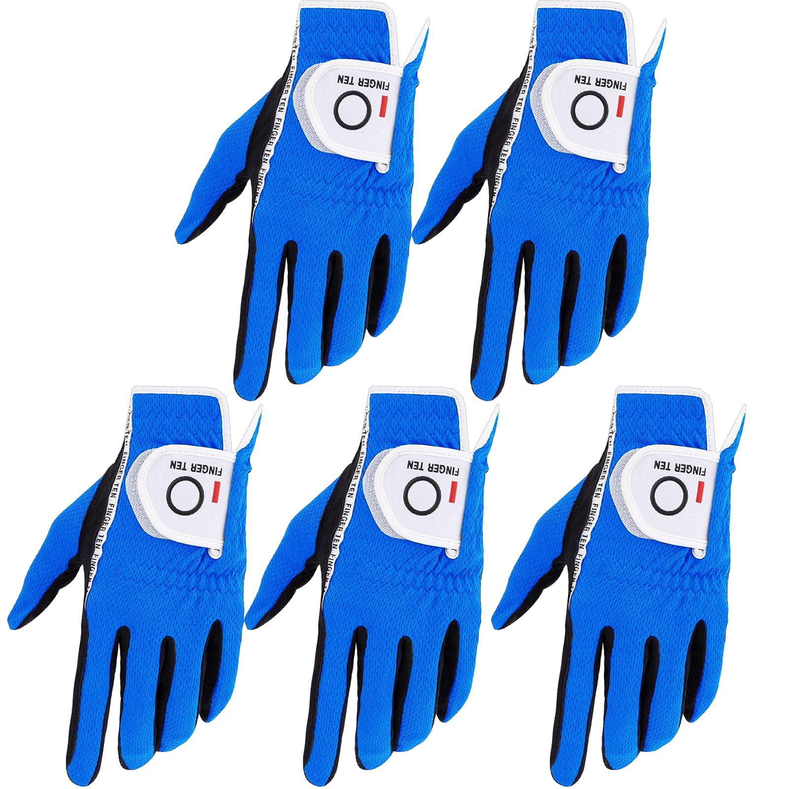 FINGER TEN Golf Gloves Men Left Hand Right Rain Grip Weathersof Value 5 Pack,Mens Golf Glove Wear Resistant Non Slip All Weather Soft Durable (Blue, L, Left)
