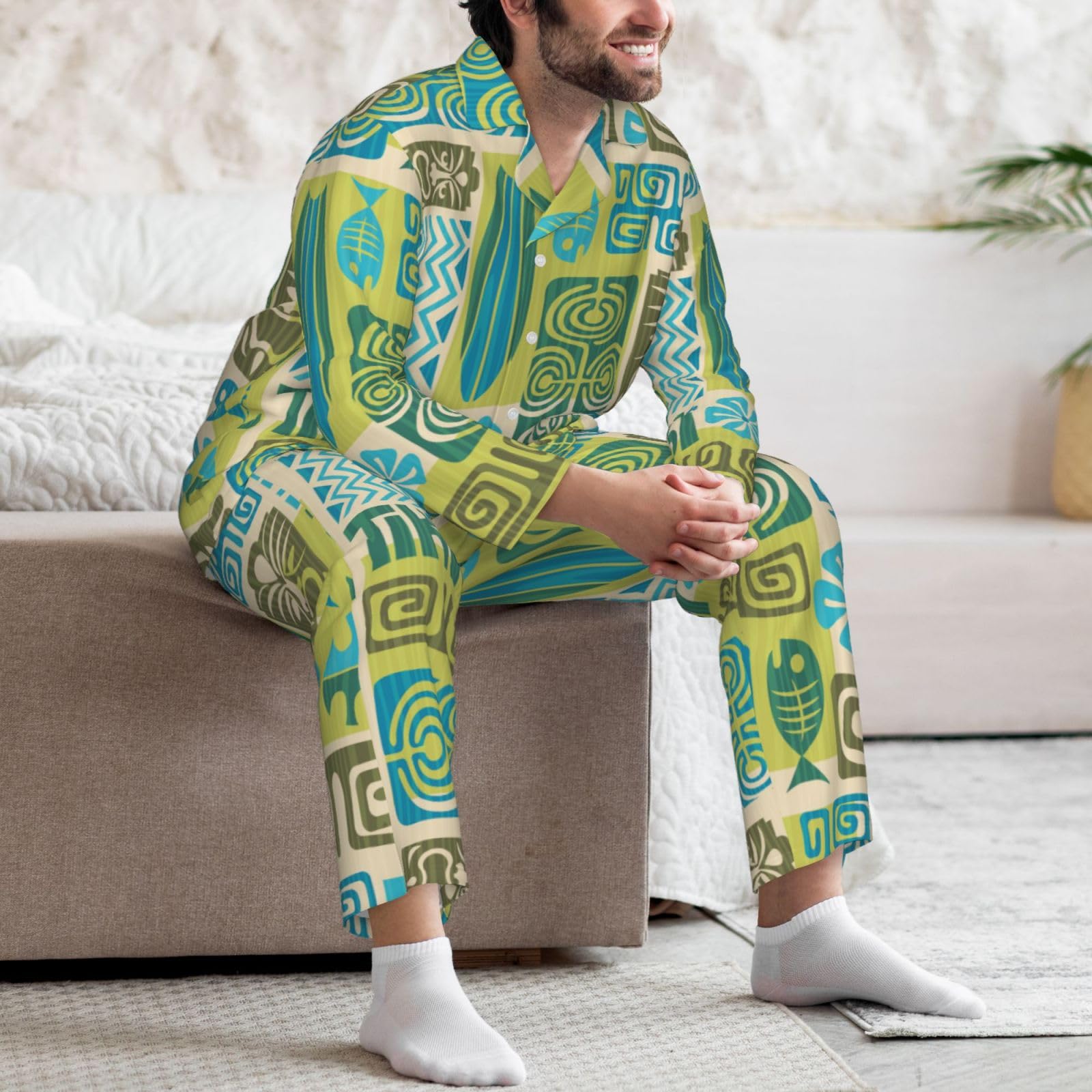 Herren-Pyjama-Set mit exotischem Tiki-Muster 1, weicher langärmeliger Schlafanzug für leichte Knöpfe