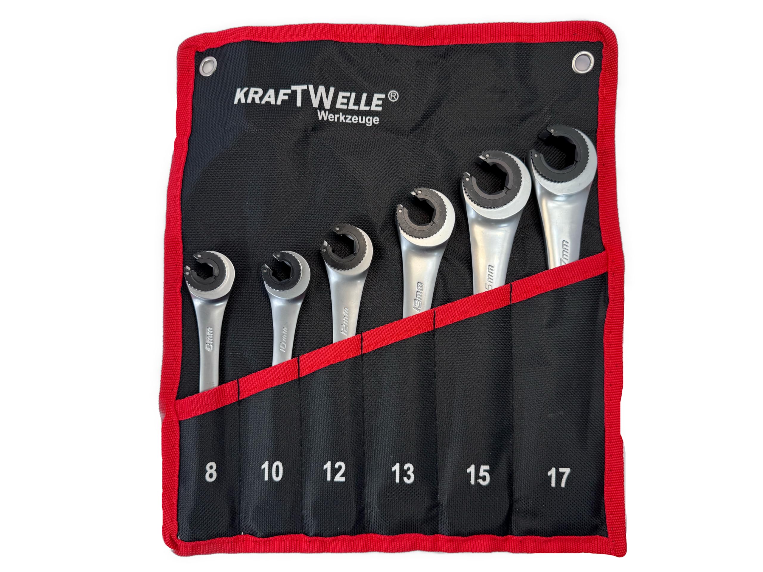 Kraftwelle 6-częściowy zestaw kluczy grzechotkowych z otwartą głowicą do przewodów hamulcowych i hydraulicznych/węży/szerokości klucza 8-17 mm z grzechotką, klucz hydrauliczny, klucz do przewodów
