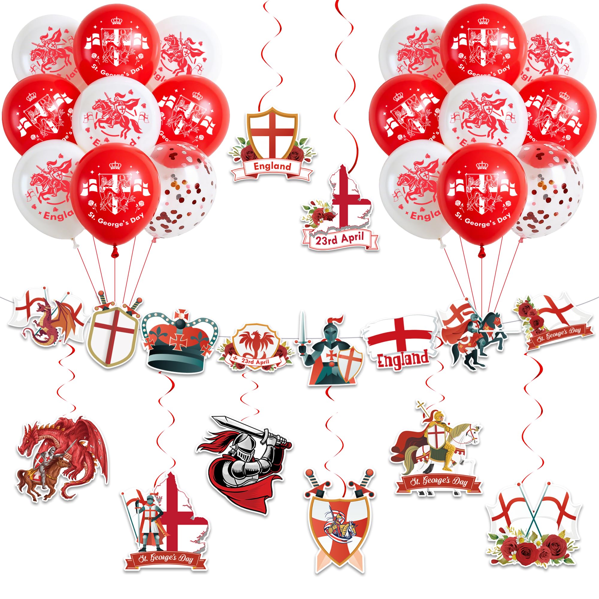 England St George’s Day Decoration - DIY England Garland Banner and Hanging Swirl Decorations, Red White St George’s Day Balloons Decor for Patriotic Themed Celebrations Party Outdoor Indoor
