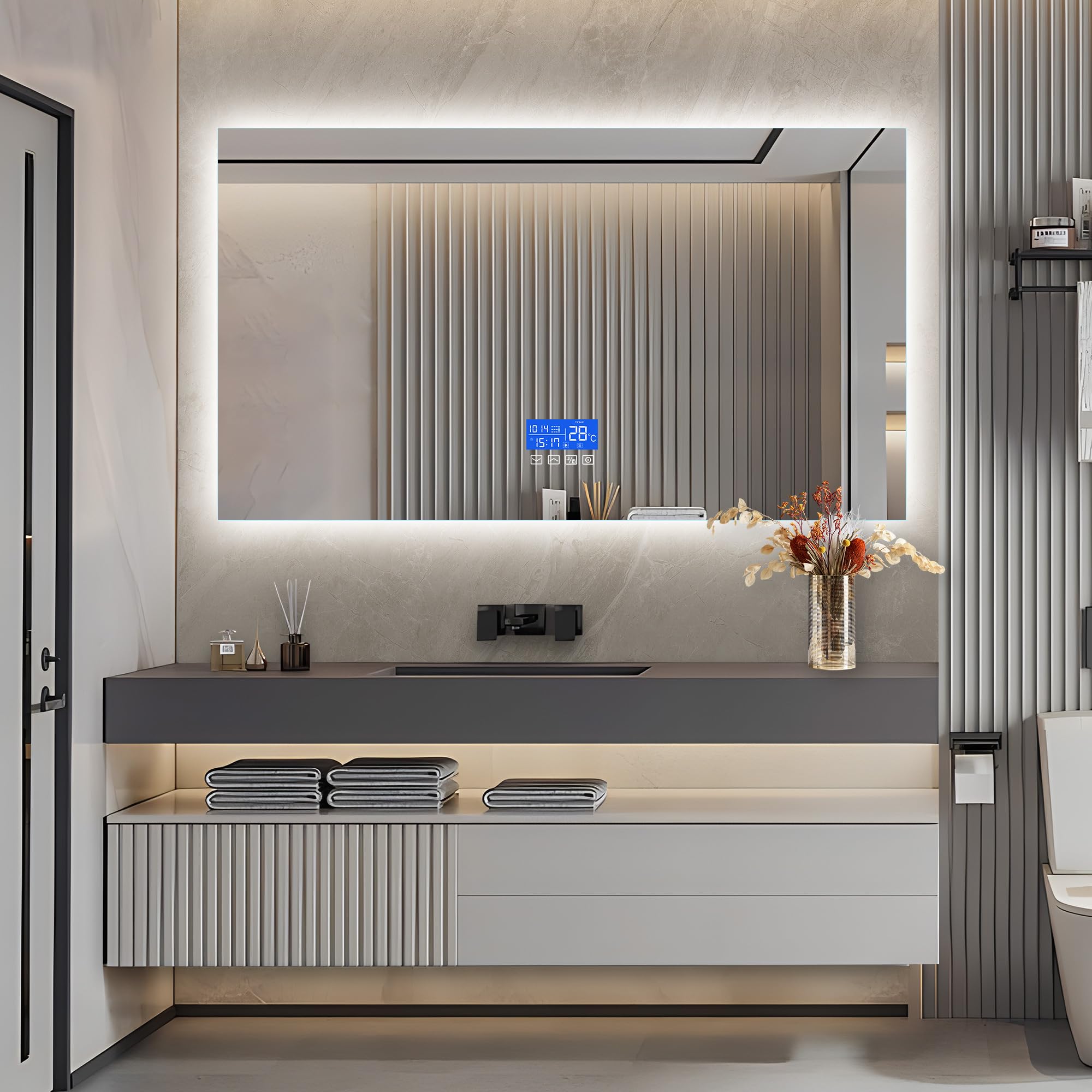 PRTECY Espejo de baño LED de 80 x 140 cm con luces, espejo de tocador grande con pantalla de temperatura, sin marco, espejo inteligente para pared, antivaho, 3 colores regulables (80 x 140 cm)