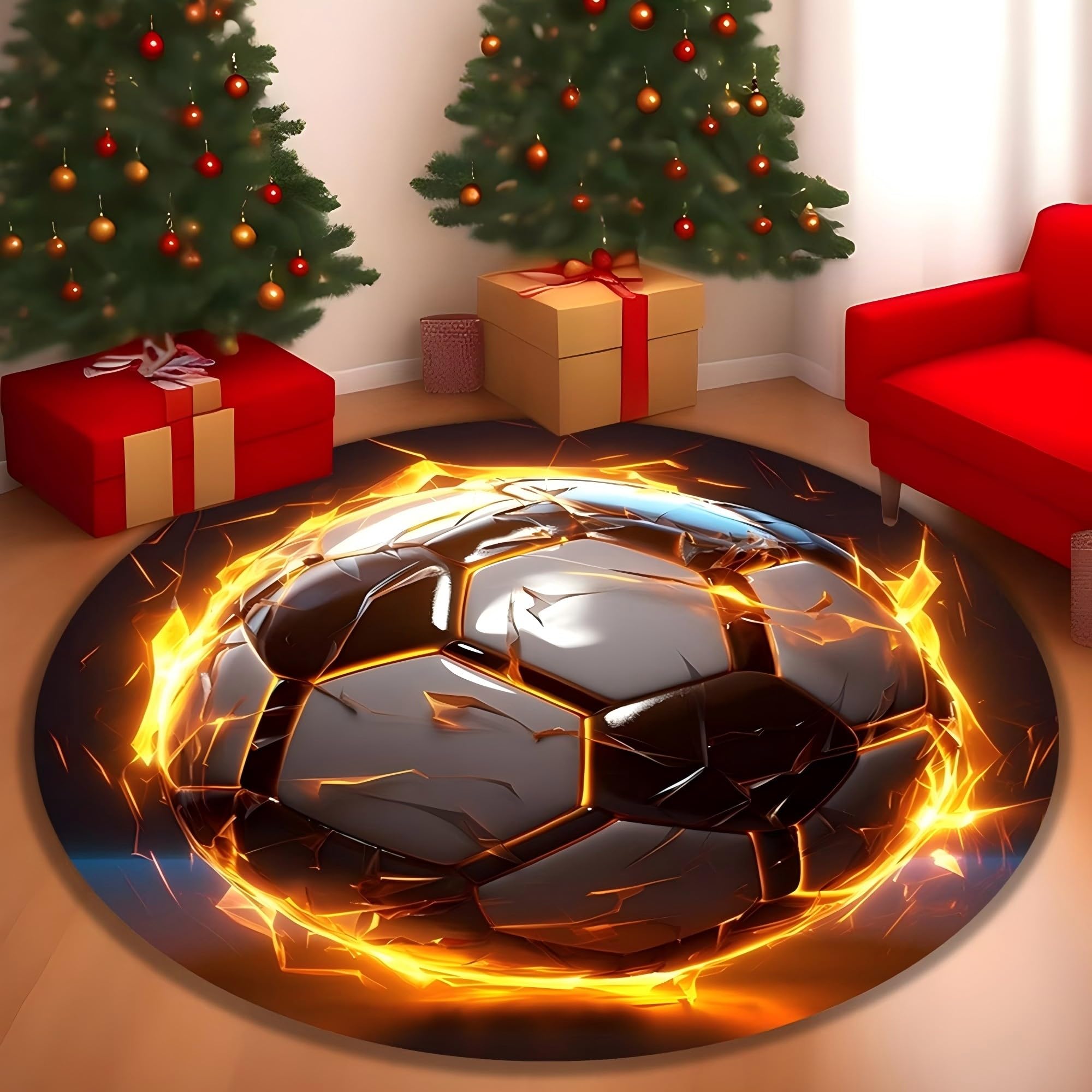 Runder 3D Fußball Teppich, 120x120cm Zerbrochenem Muster, Cooler Flammen Sportteppich, Sportlicher Kinderzimmerteppich Jungen, Rutschfester, Waschbarer Runder Bodenteppich Teenager Spielzimmer