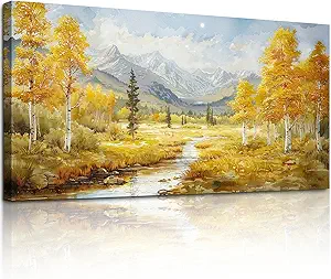 crmotu Autumn Landscape Wall Art, Birch Tree Forest Large Artwork, Mountain River Scenic Canvas Painting, Rustic Aesthetic Pictures Wall Decor Living Room Bedroom Bathroom Kitchen Art Prints 24x48inch