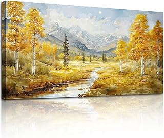 crmotu Autumn Landscape Wall Art, Birch Tree Forest Large Artwork, Mountain River Scenic Canvas Painting, Rustic Aesthetic Pictures Wall Decor Living Room Bedroom Bathroom Kitchen Art Prints 20x40inch