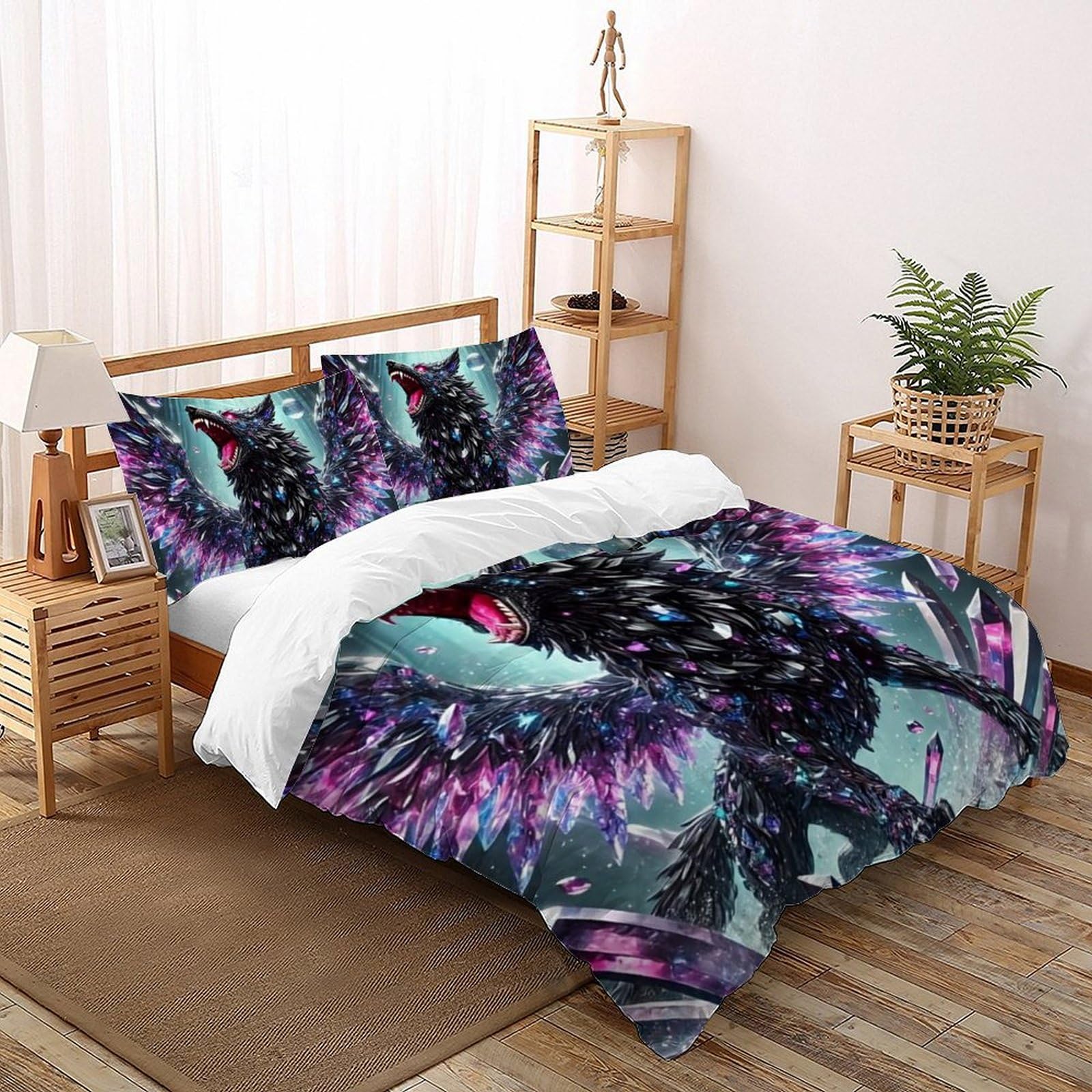 Housse de couette loup noir anti-glissement microfibre zip 220x240