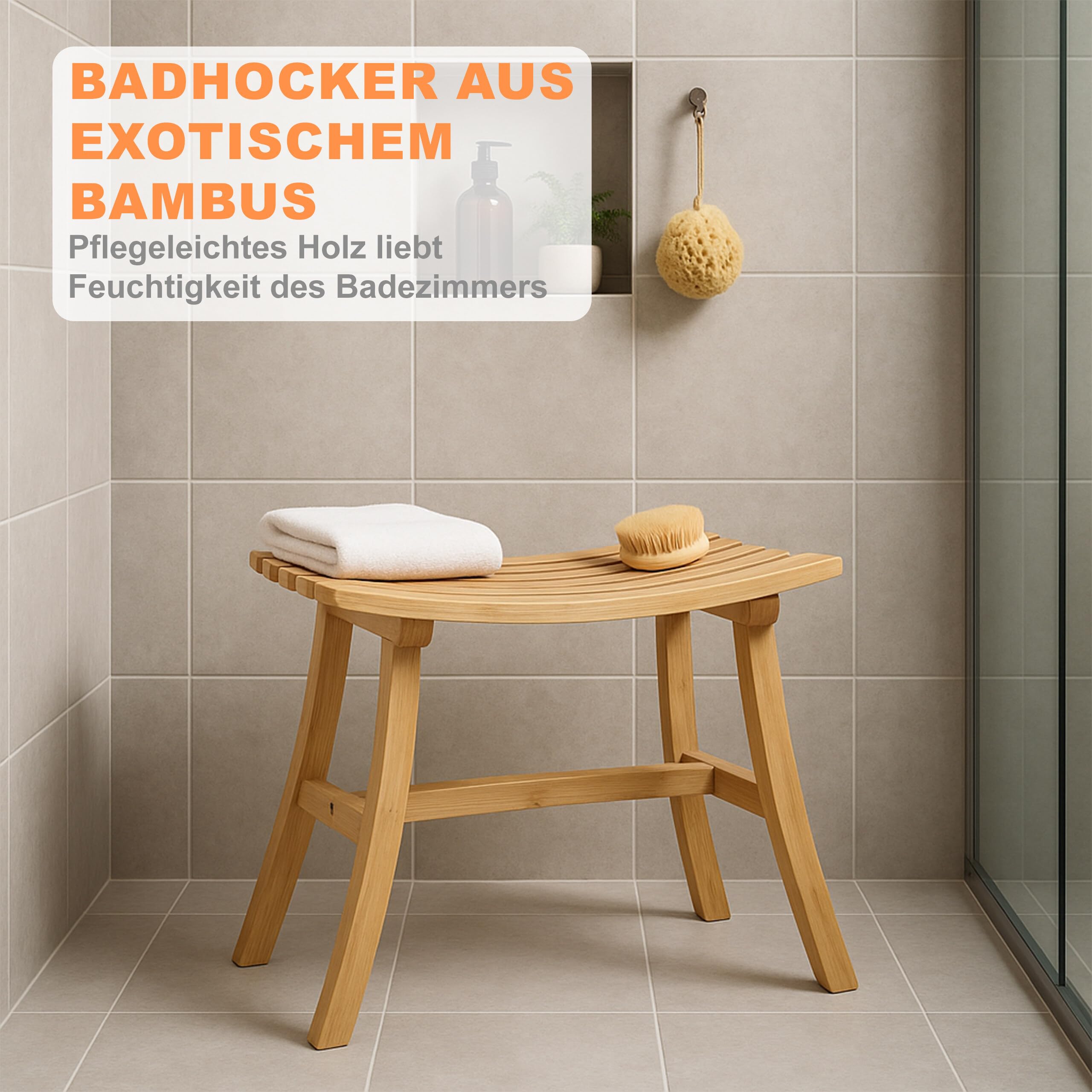 Relaxdays Hocker aus Bambus, elegant geschwungener Sitzhocker f. Garderobe, Holzhocker HxBxT: 48 x 56 x 28,5 cm, natur