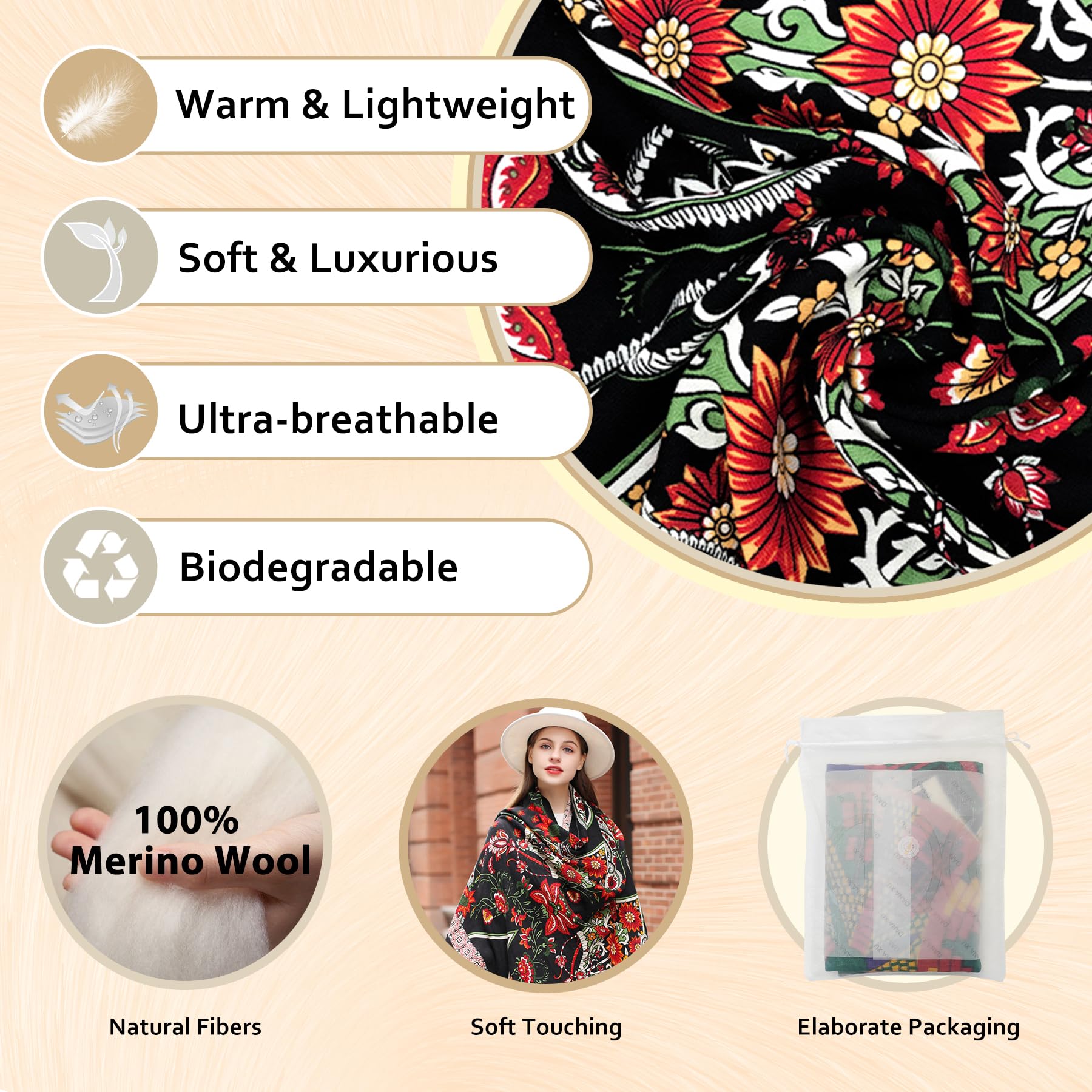 DANA XU - Sciarpa pashmina in 100% lana merino, da donna, 244 x 109 cm, oversize, in cashmere, con nappe, mantella da viaggio con motivo floreale, 96*43 INCHES