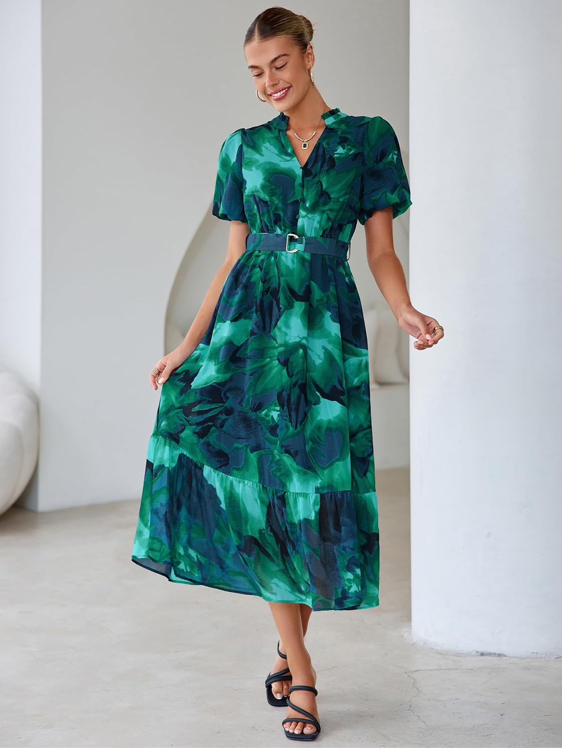 Simplee Womens Summer Boho Floral Midi Dress Casual Beach Wedding Guest Chiffon A Line Belted Long Flowy Holiday Dresses 2026 - Image 2