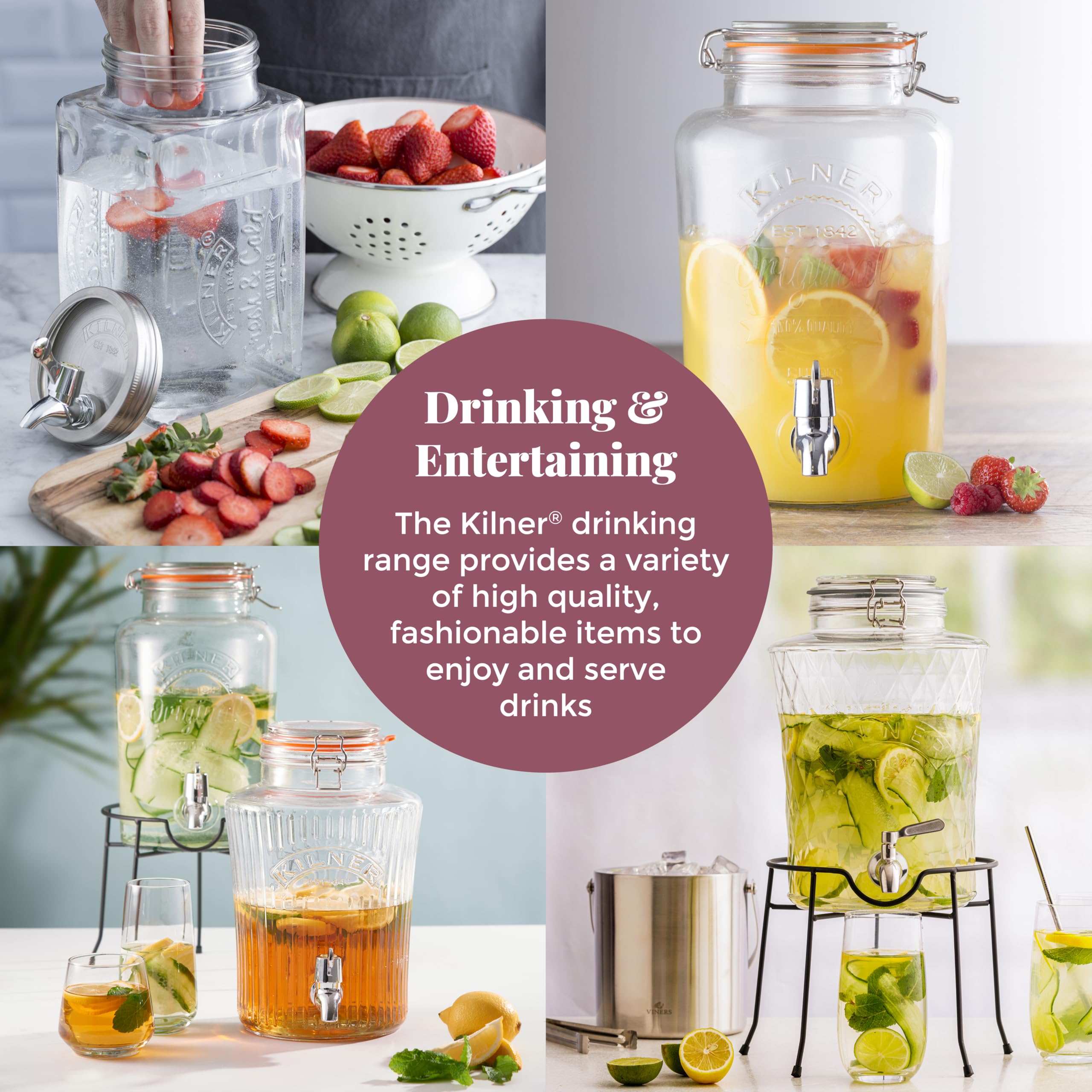 Kilner Diamond - Dispensador de bebidas de cristal de 5 litros con grifo de acero inoxidable, tapa hermética con clip y sello de silicona, ideal para zumos, cócteles y bebidas infundidas