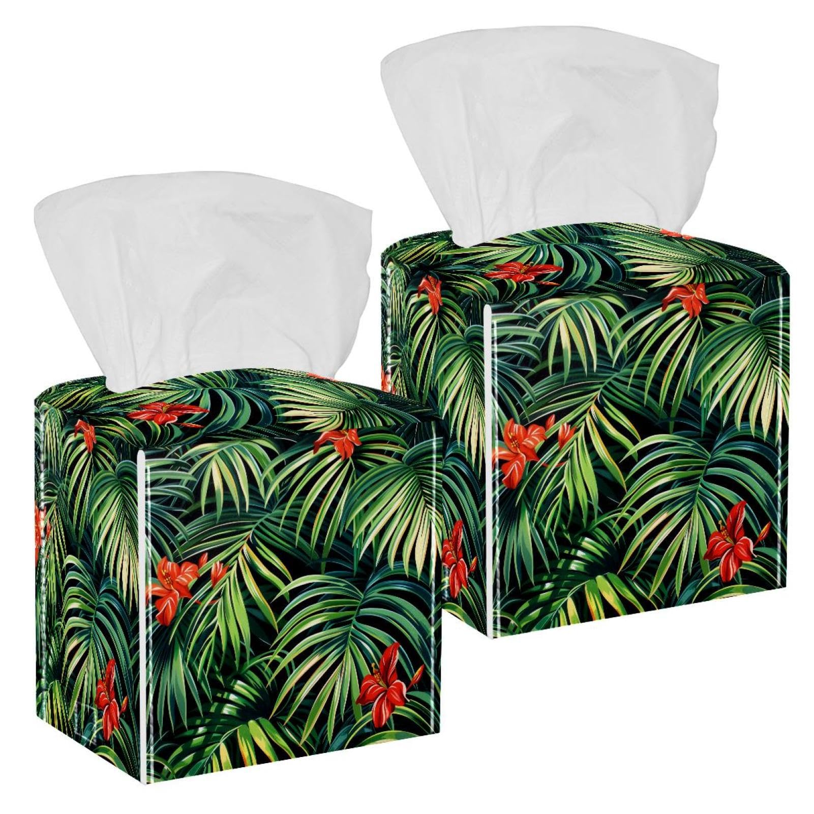 Tropical Palm Tissue Box Cover, 2 Pack PU Leather Square Facial Tissue Dispenser Box holder for Home Office Car