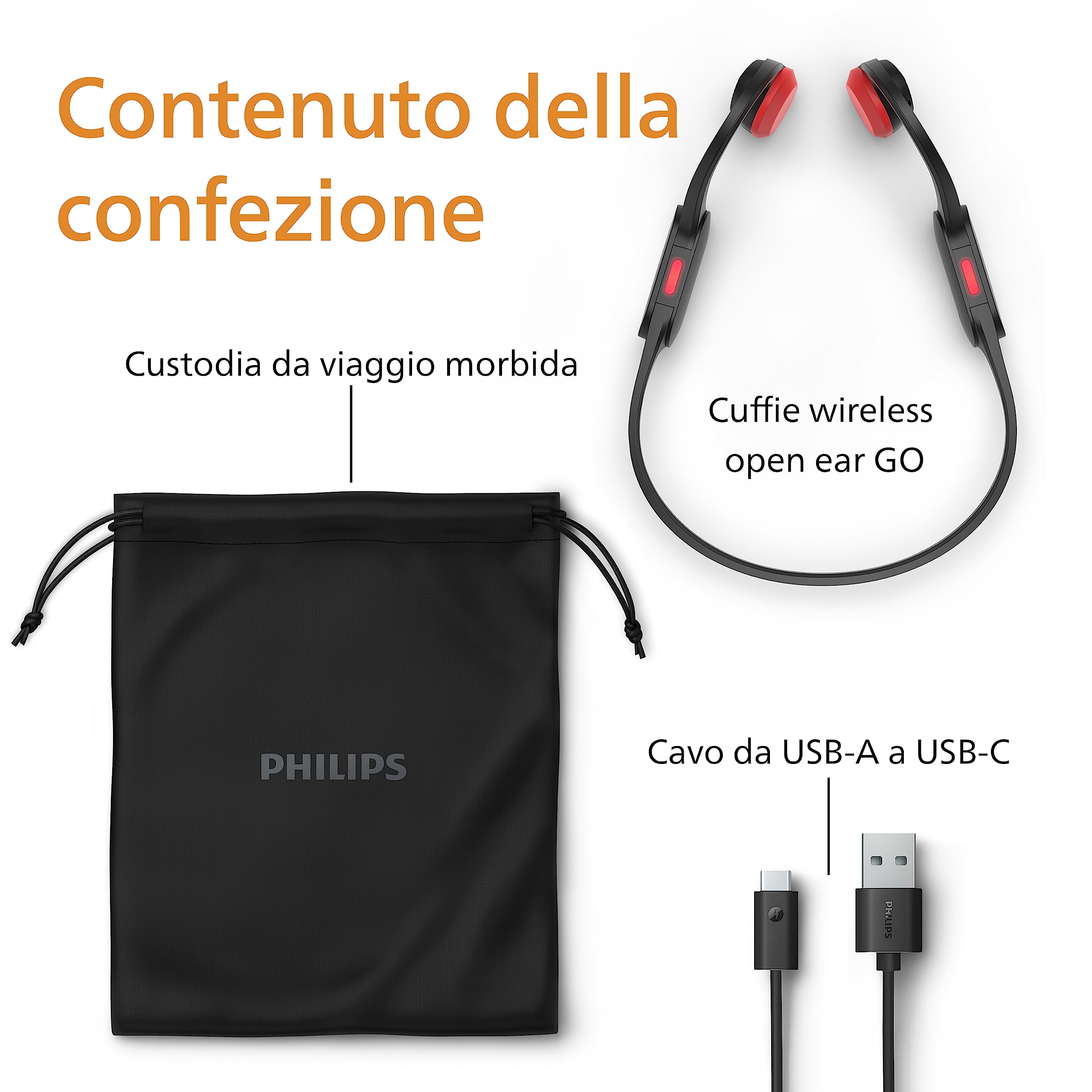 PHILIPS TAA5608BK/00 Cuffie Sportive Open-Ear Wireless, Conduzione Ossea, Bluetooth LE Audio e LC3, Resistenza all'Acqua IPX5, 6 Ore di Riproduzione, Luci di Sicurezza LED, Microfono, Nero