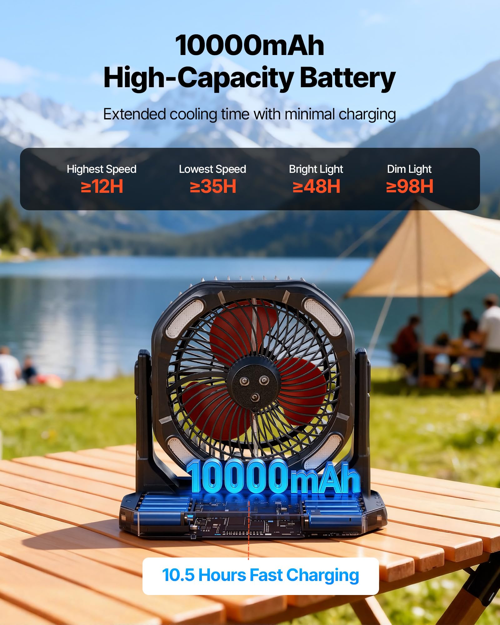 VEVOR Camping Ventilator, 2700 U/min Motor, Nebelfan, Nebelventilator mit 9-L-Wassertank, 10000-mAh-Akku, 4 Windstufen & 5 Beleuchtungsmodi, Tragbarer Standventilator für Camping, Angeln & Reisen