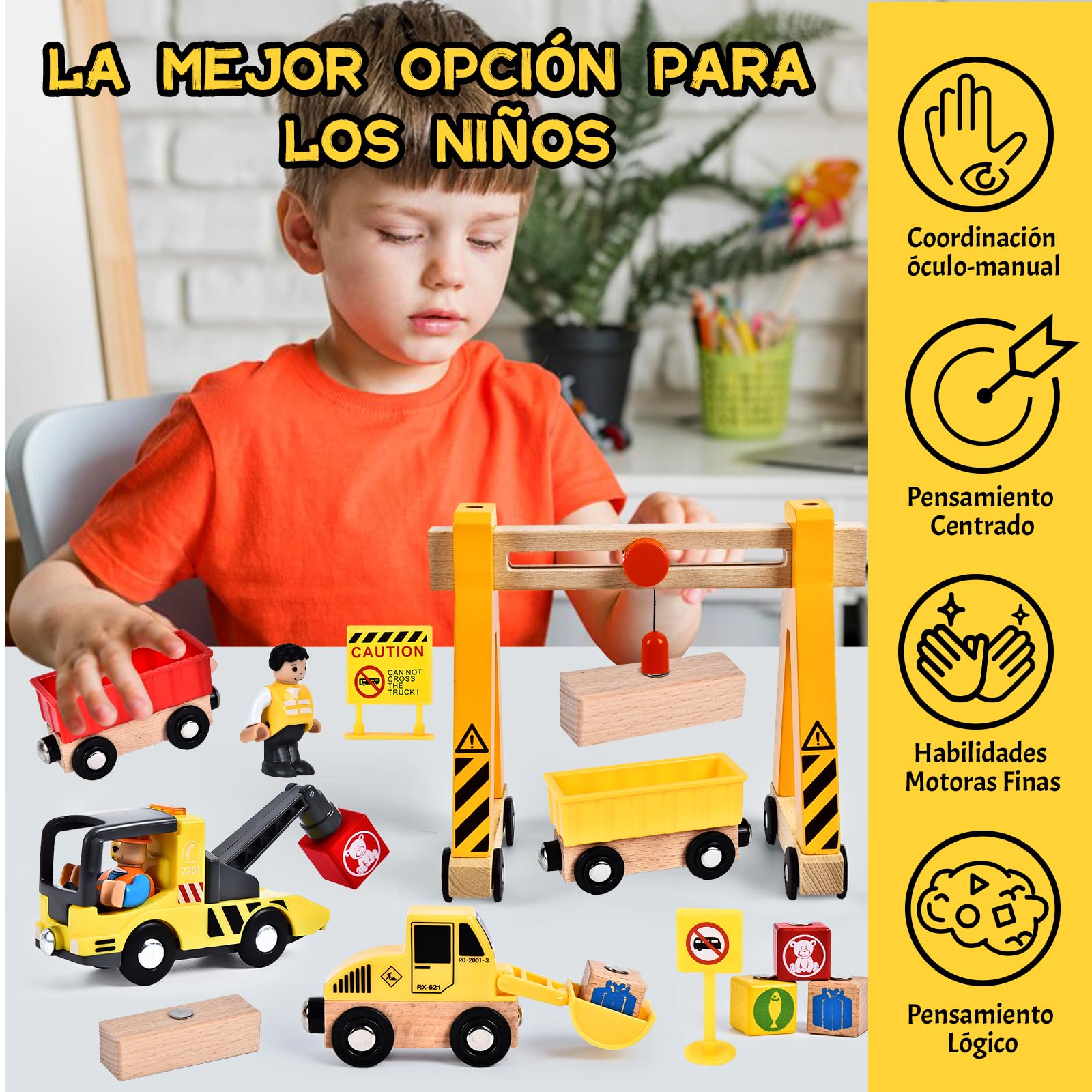 Herenear Vehiculos Construccion Juguete de Madera Niños, Vehículo de Construcción Magnético, Coche de Juguete con Camión Magnético de Construcción con Grúa, Bulldozer, Apisonadora, Grúa Pórtico