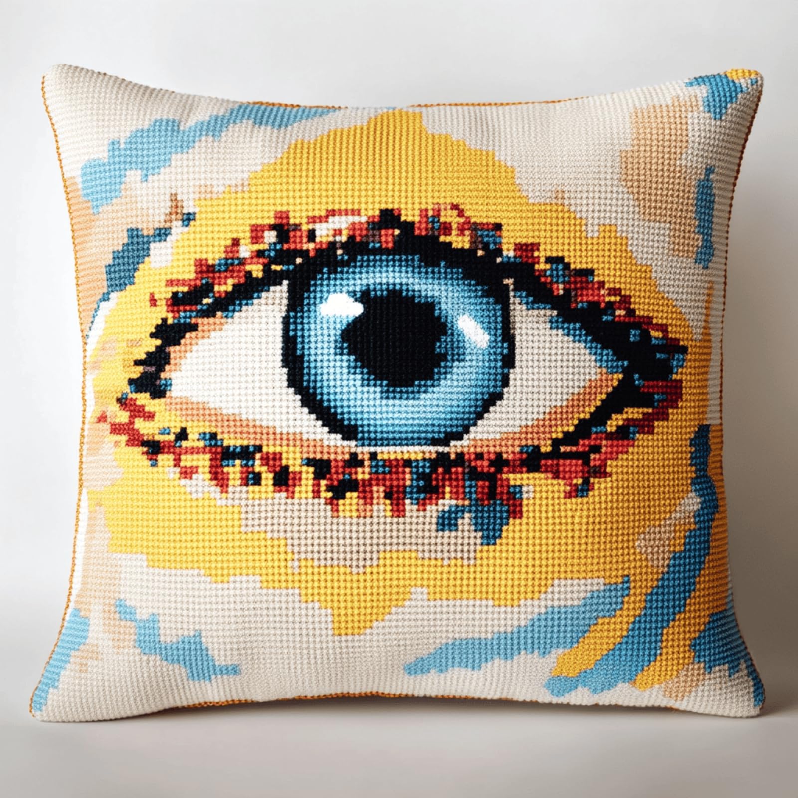 XDEGHUANGSS Latch Hook Cushion Kit for Adults Beginners – 17x17 Inch (43x43 cm) Pre-Printed Big Eye Pattern DIY Craft for Sofa Home Decor