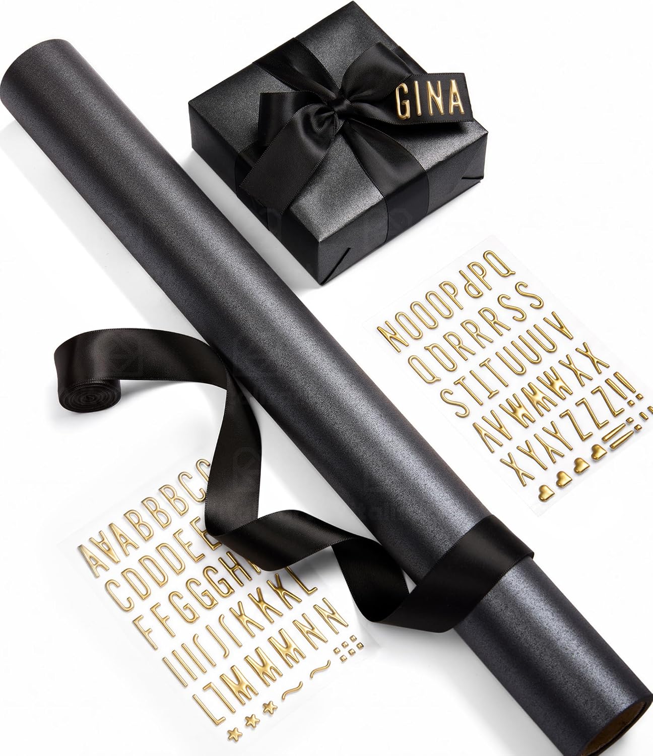 Vitalizart Black Pearly-Lustre Wrapping Paper Set 17" Ribbons & Stickers
