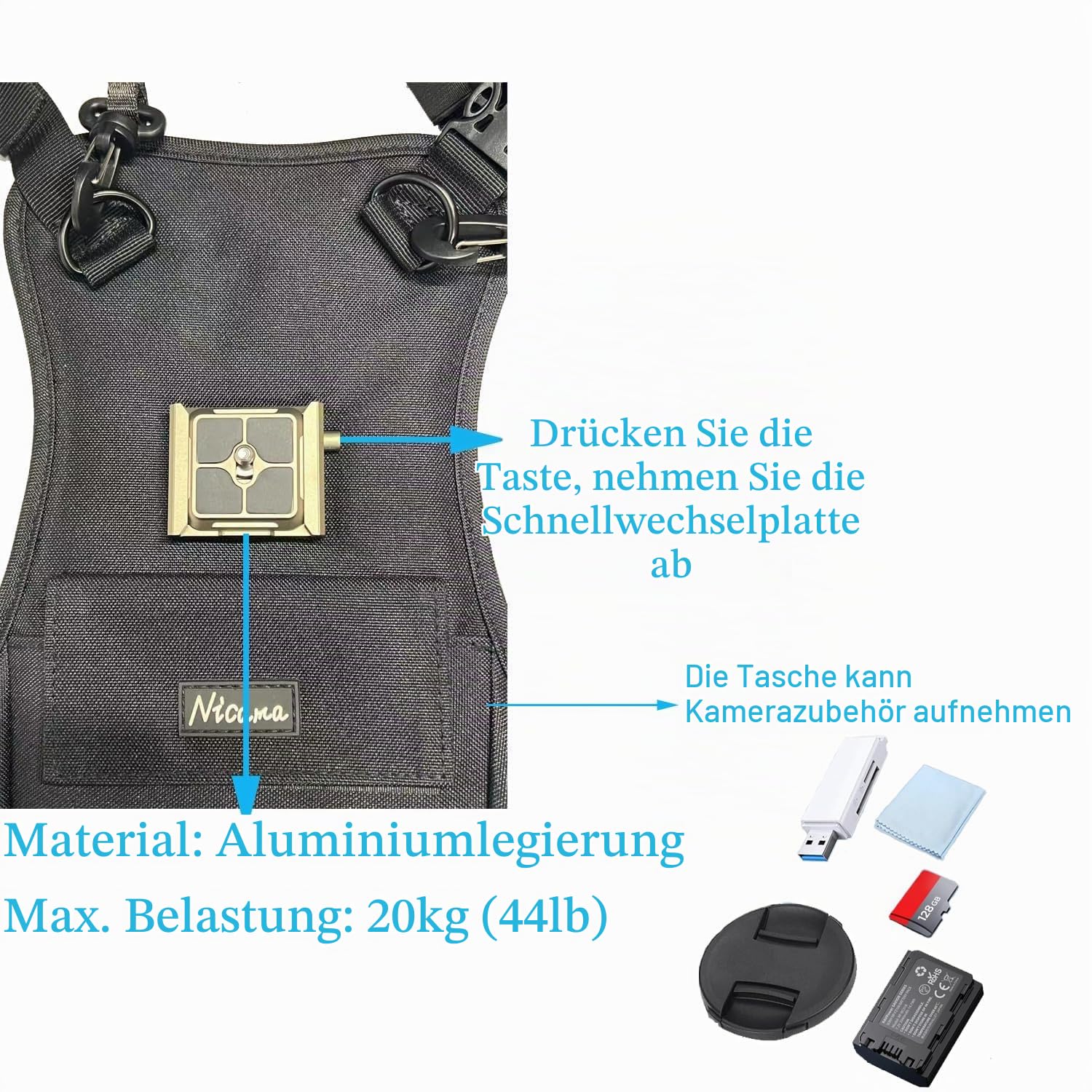 Nicama Dual Multi-Kameraträger Brustgeschirr Weste mit Montage-Hubs, Seiten-Holster und Sicherheitsgurten für Canon 6D 5D2 5D3 Nikon D800 D810 Sony A7S A7R A7S2 Sigma Olympus DSLR-Kameras