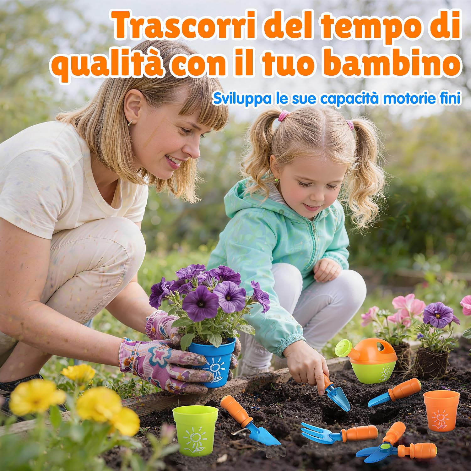 PLAY Set Attrezzi Giardino per Bambini, Utensili Giardino con Pala, Forchetta, Forbici, Vaso, Annaffiatoio, Targhetta e Contenitore, Kit Giardino per Bambini dai 3 Anni in su