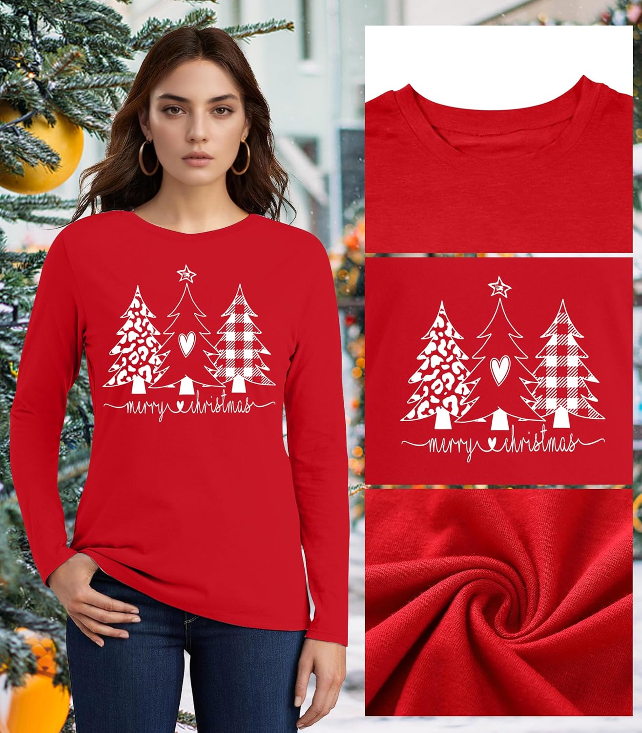Merry Christmas Shirts for Women Christmas Long Sleeve Plaid Xmas Trees Graphic Shirt Christmas Blouse Tee Tops - Image 4