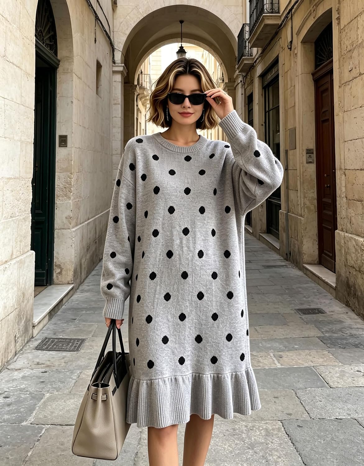 chouyatou Women's Fall Polka Dot Sweater Knit Dress Ruffle Hem Midi Dress image 5