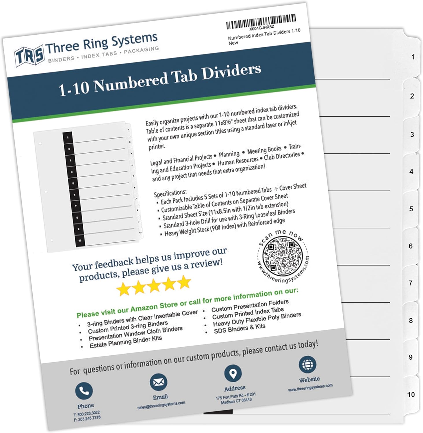 Numbered Index Tab Dividers 1-10. 5 Sets per Pack.