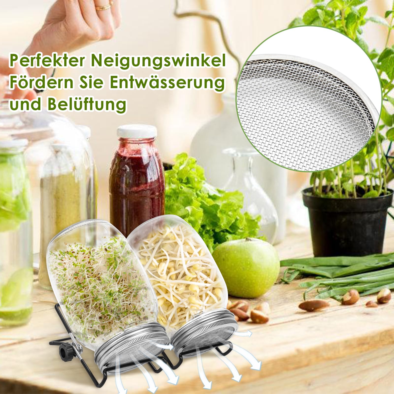 Sprossenglas Keimglas, 2er Set 950ML Sprossenglas mit Deckel & Sieb, Kapazität 2 Einstellbare Halterung 1 Tablett, Sprossen Keimgerät für Alfalfa Kresse Brokkoli Mungobohnen
