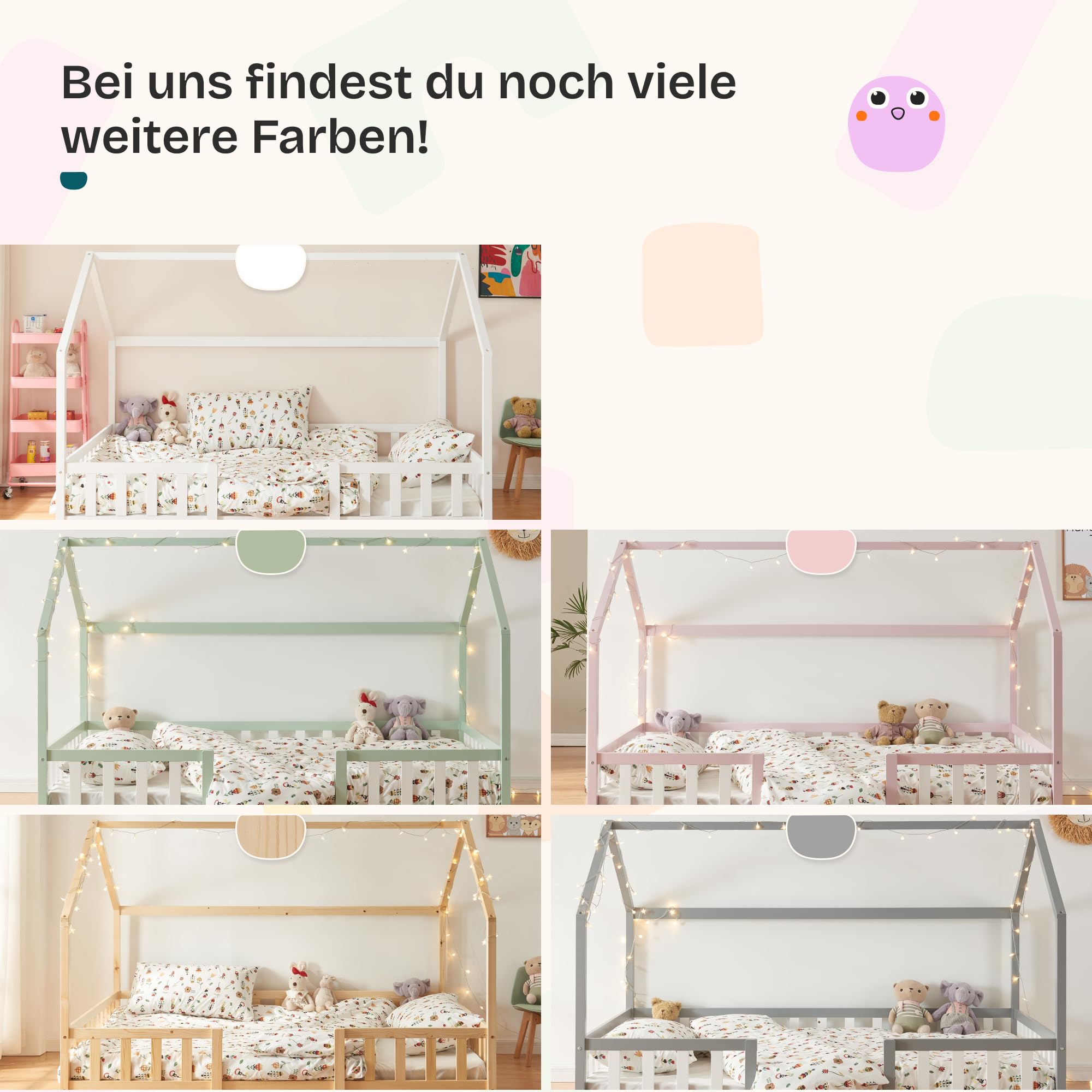 Kinderbett Sisimiut Hausbett Montessori 140 x 200 cm mit Rausfallschutz Holzbett Kiefernholz Weiß matt