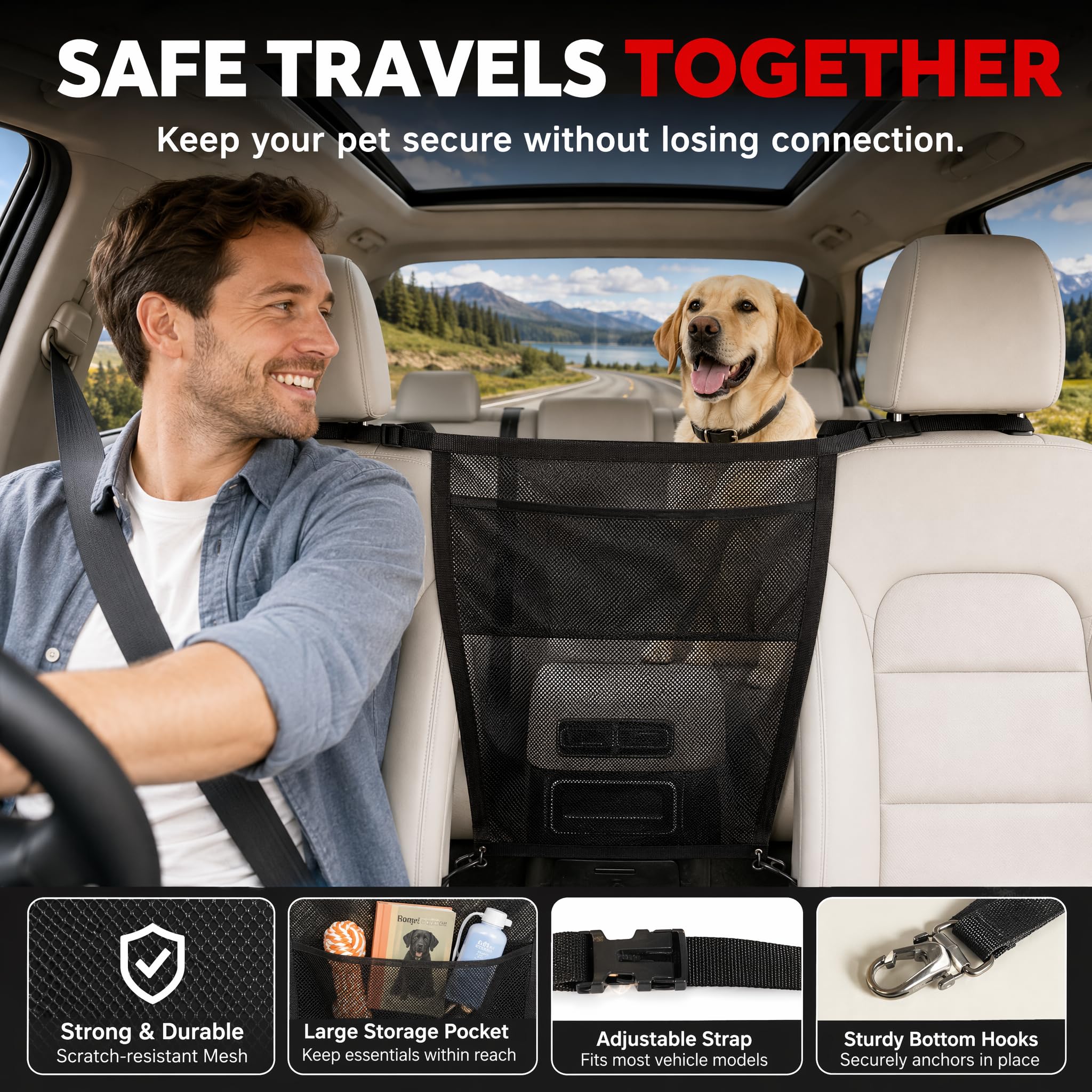Barrière de voiture pour chien pour SUV, séparateur en maille robuste avec poche de rangement