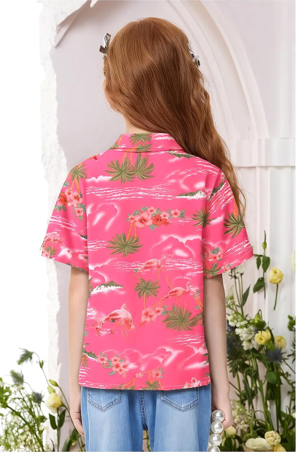 SSLR Big Girls Hawaiian Shirt Beach Tropical Summer Casual Short Sleeve Button Down Shirt - Image 2