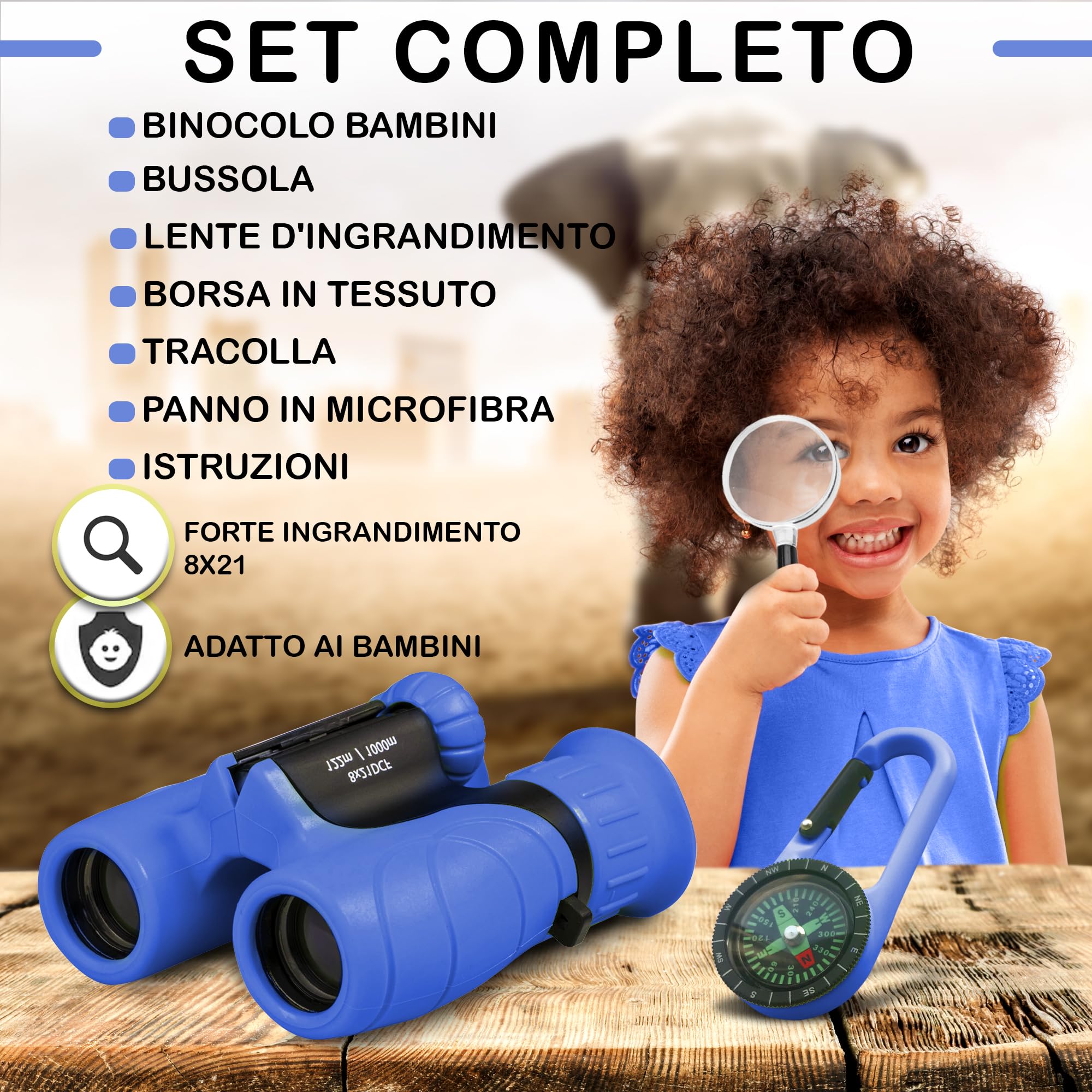 Binocolo Bambini - Regalo ottimale - pasqua - Forte ingrandimento 8X21 - Set Esploratore Completo con Lente d'Ingrandimento e Bussola - Giochi per bambino e bambina di 3-12 anni - La Pasqua