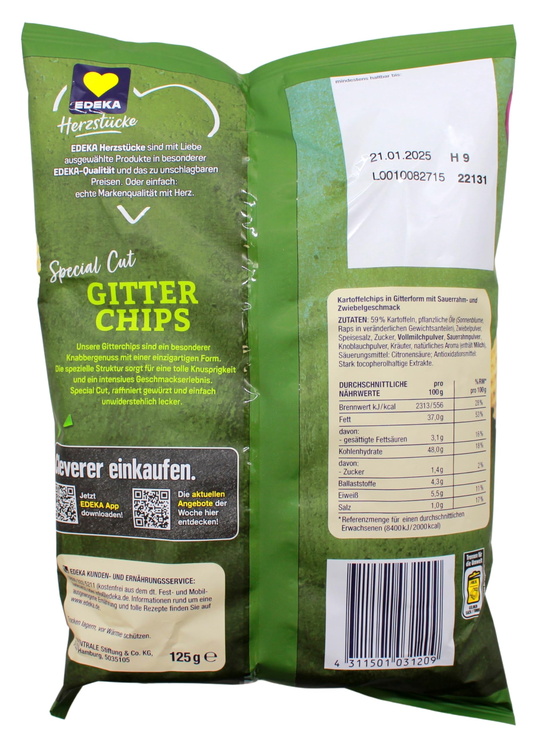 Herzstücke Gitter Chips Sour Cream & Onion, 24er Pack (24 x 125g)