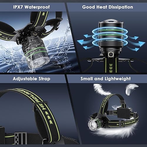 Miniatura 7 de YNYS Faro de caza recargable LED de alto lúmenes, 60 horas de larga duración con zoom y 10 modos e IPX7 impermeable y 90 ajustable, faro súper