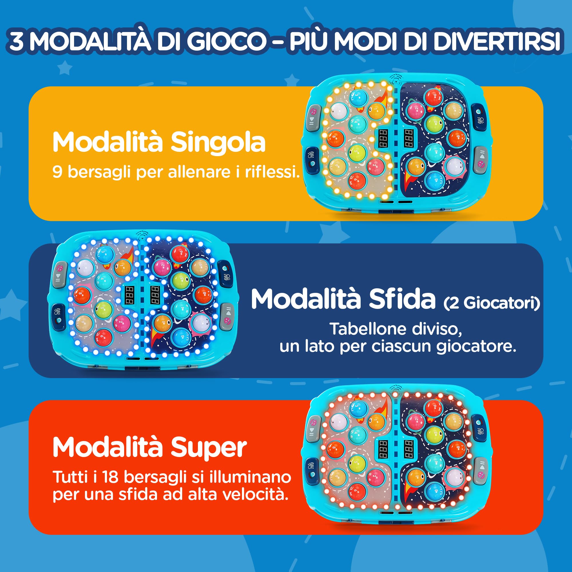 Whack-a-Mole Game for Kids, Gioco Acchiappa la Talpa con 18 Bersagli Luminosi, 2 Martelli, 3 modalità di Gioco, 9 Livelli di velocità, Luci e Suoni, Gioco Interattivo per Bambini dai 3 Anni