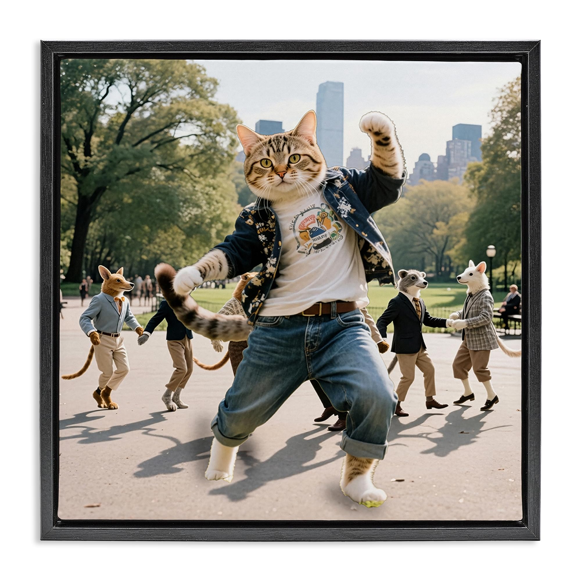 Stupell Industries Jet Black (Matte) 'Stylish Cat Dancing In Park'| Floating Frame Canvas Art