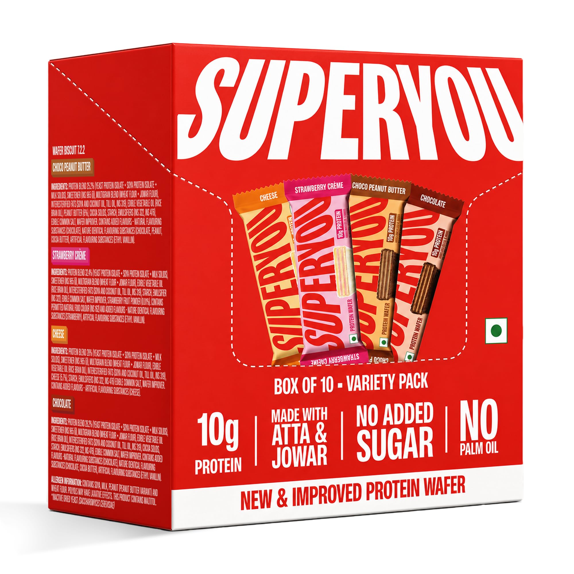 SuperYou Assorted Protein Wafer Bars (Pack of 10)|10g Protein, 3g Fiber, No Added Sugar|Yeast Fermented Protein|Energy Bars|Crunchy Wafer Bar|100% Vegetarian|No Palm Oil|400g-image-18