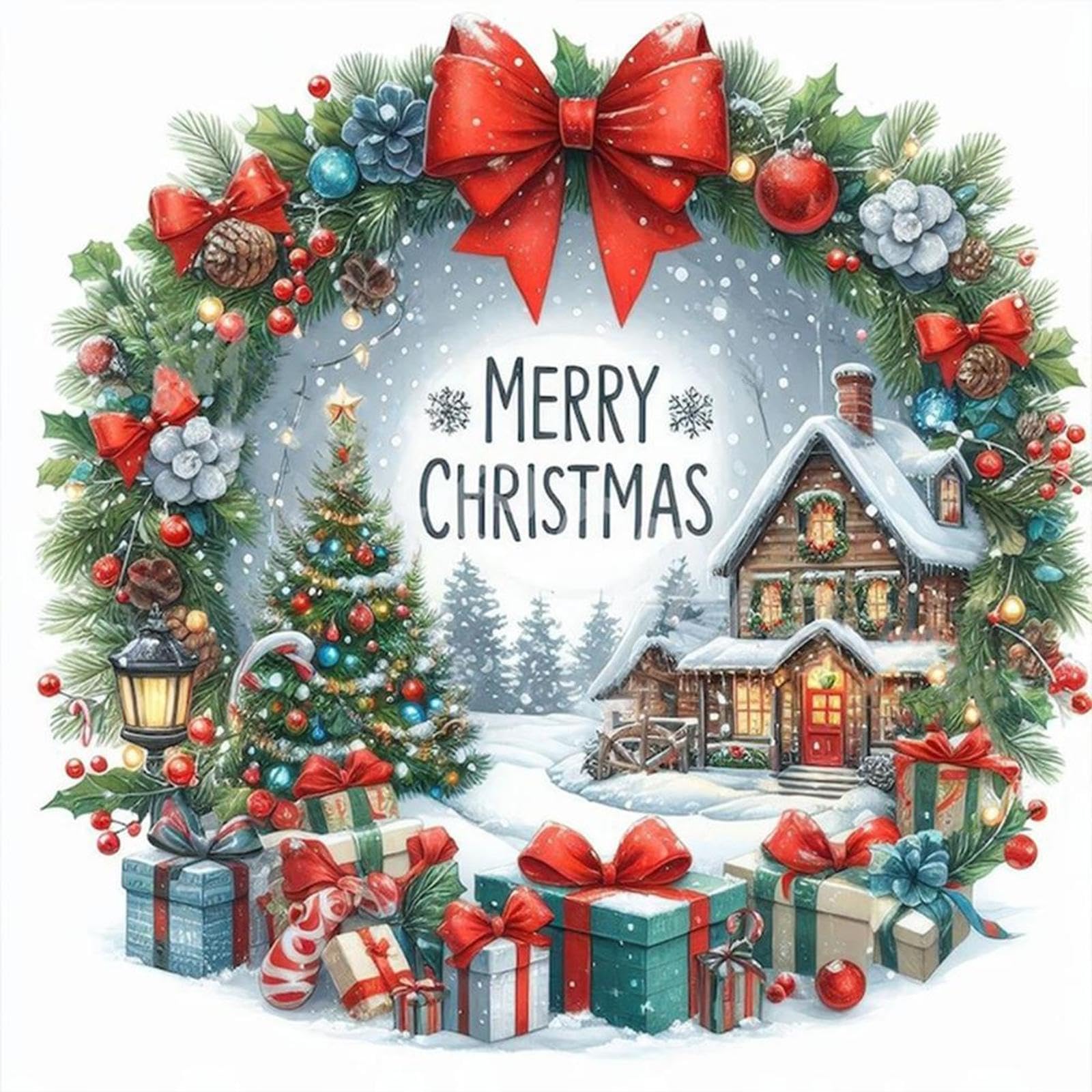 Christmas A Stamped Cross Stitch Kits For Adults Beginners,Christmas Cabin 14Ct Printed Diy Canvas Pattern, Easy Needlepoint Embroidery Kit Supplies, Home Wall Decor Art Craft Gift 15.75X15.75inch