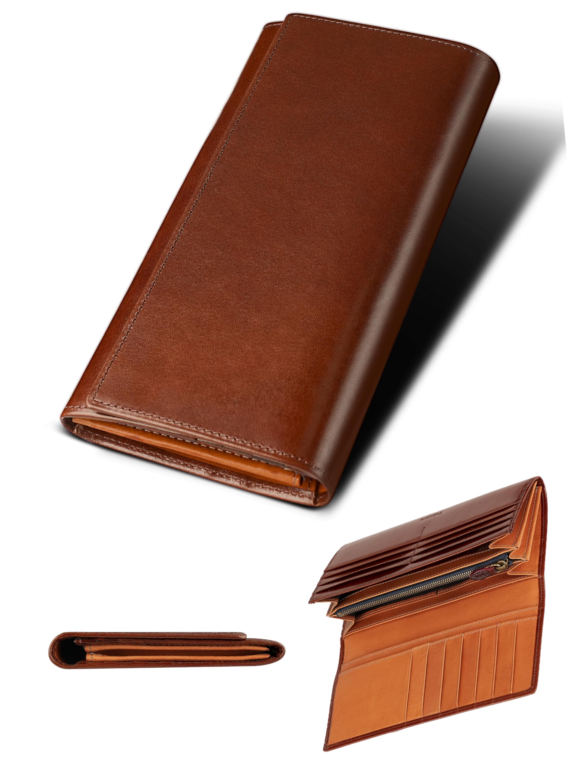 Fabrizio Italian Leather Slim Long Wallet 21 Cards YKK Zip Dark Brown