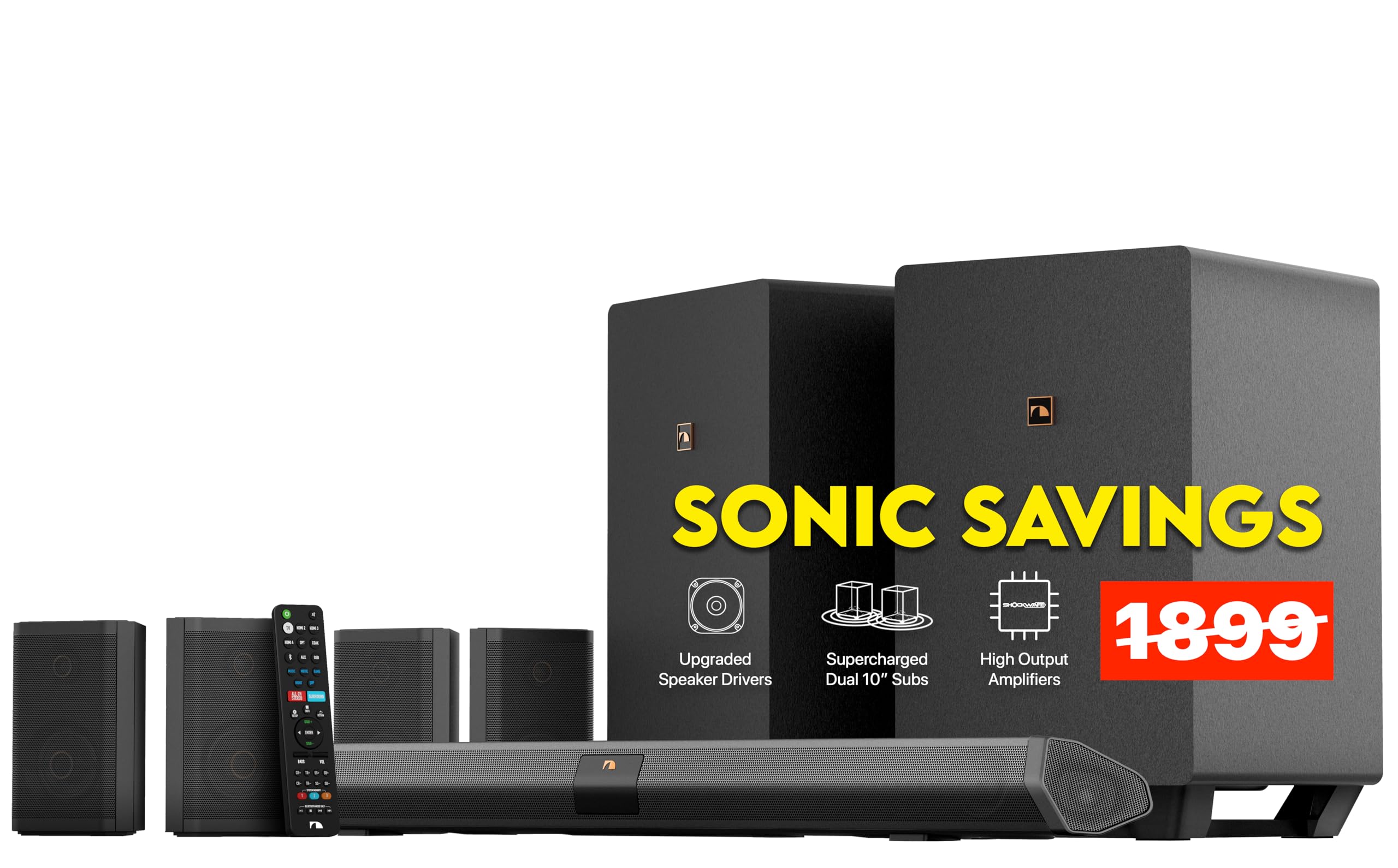 Nakamichi Shockwafe Ultra 9.2.4 Channel Dolby Atmos/DTS:X Soundbar with Dual 10" Subwoofers, 4 Rear Surround Effects Speakers, eARC and SSE Max Technology