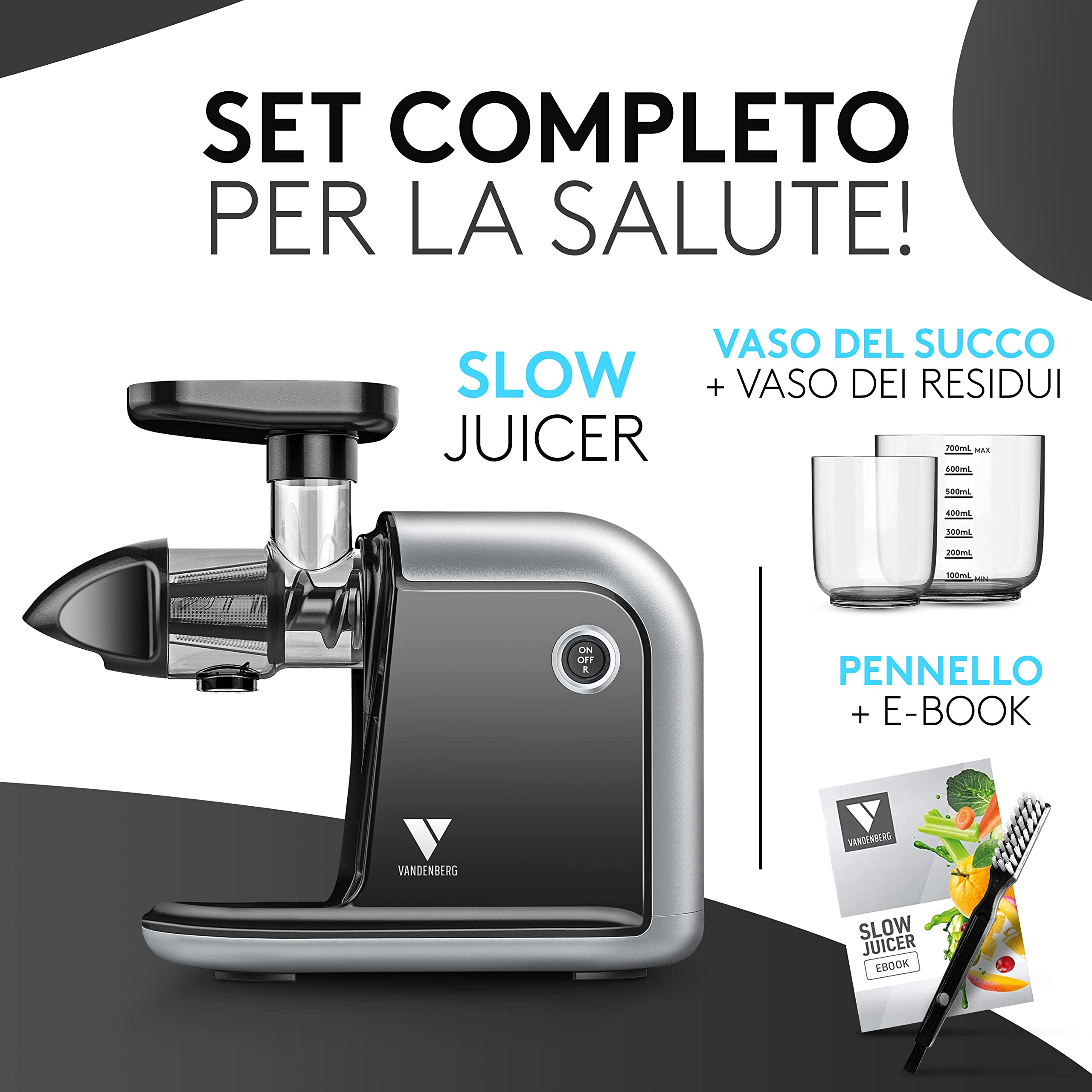 Vandenberg [L'ORIGINALE] - Slow Juicer - Spremiagrumi per frutta e verdura - [150 W] Spremiagrumi amico delle vitamine con funzione di inversione Include una spazzola per la pulizia - Senza BPA