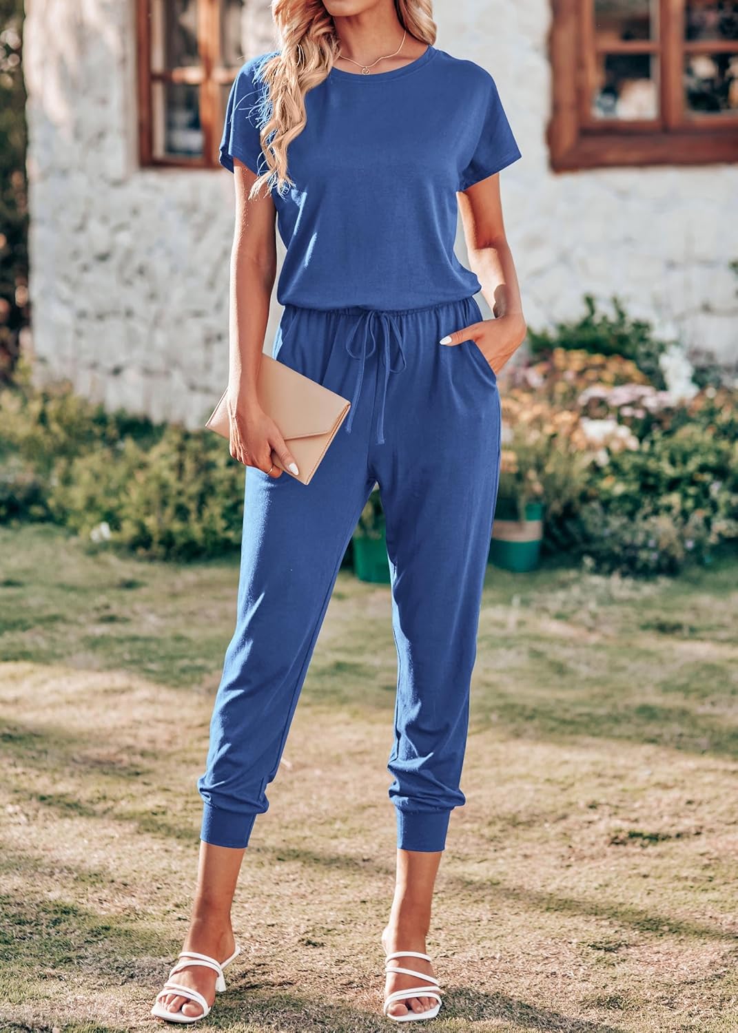 KIRUNDO Jumpsuits for Women Summer 2026 Casual Short Sleeve One Piece Outfits Drawstring Waist Long Pants Romper Jumpers - Image 2