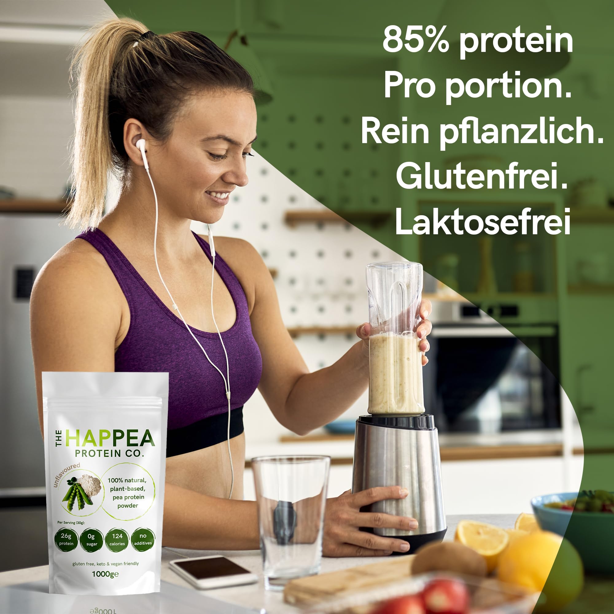 1 kg Hochwertiges Vegan Erbsenprotein Pulver - 85% Protein - Veganes Proteinpulver, Geschmacksneutral, Ohne Zucker, Ideal für Muskelaufbau & Diät, Hoch Löslich, 100% GVO-frei
