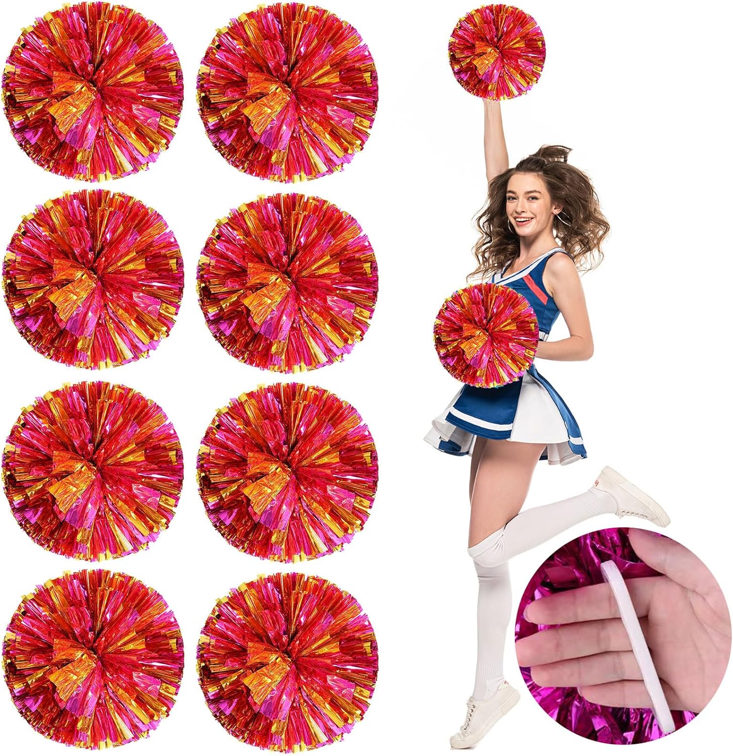 Cheerleader Pom Poms 8 Pack Sports Dance Cheering Plastic Metallic Cheerleading Pom Poms for Kids Adults (Pink+Gold)