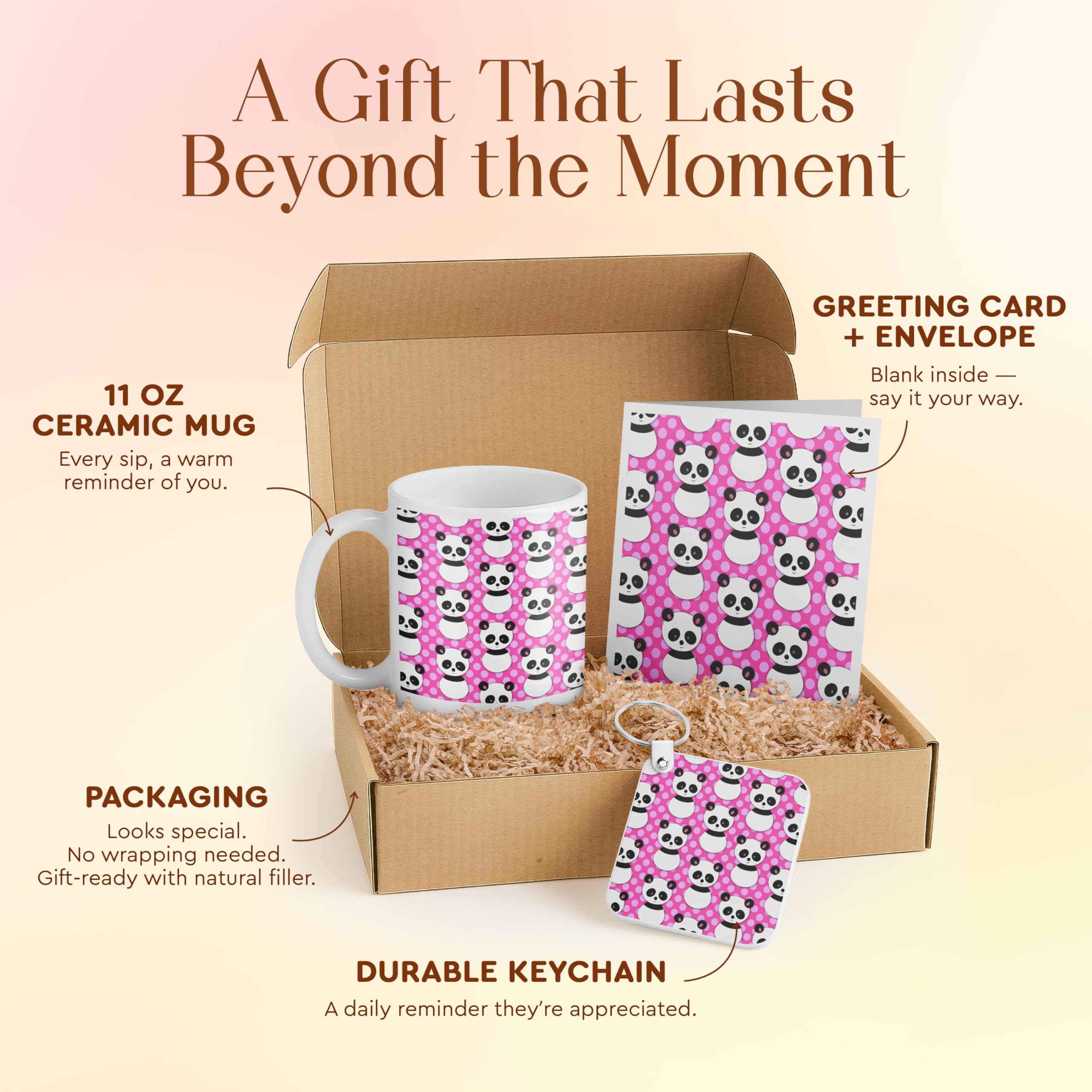 3dRose Cute Panda Bear Gift Set – Mug, Card, and Keychain with Pink Polka Dots – Ideal Birthday Gift for Kids and Animal Lovers