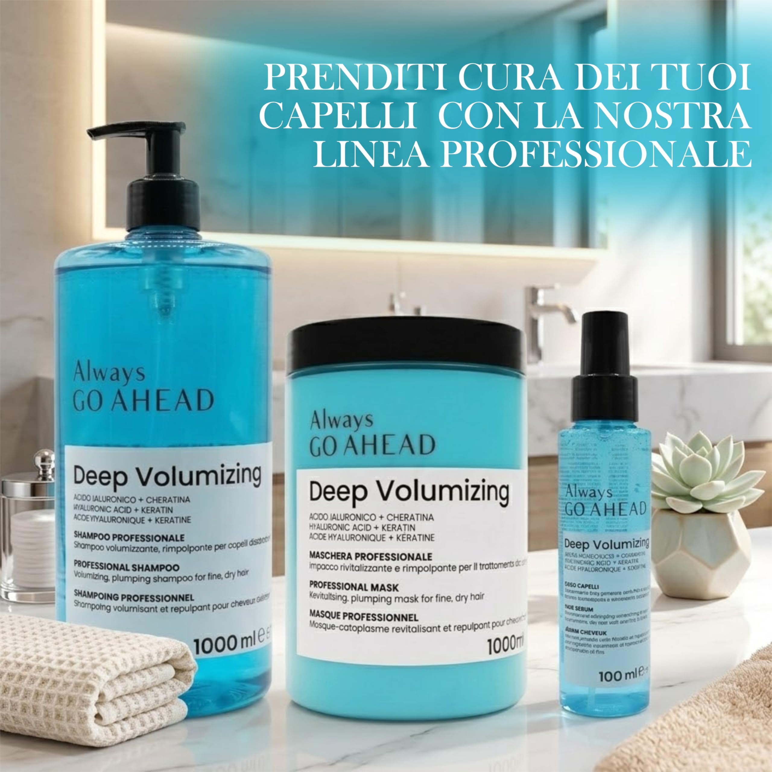 Always Go Ahead Deep Volumizing Zestaw do włosów cienkich i odwodnionych | Szampon 1000 ml, maska 1000 ml, serum 100 ml, kwas hialuronowy i keratyna, profesjonalny zestaw