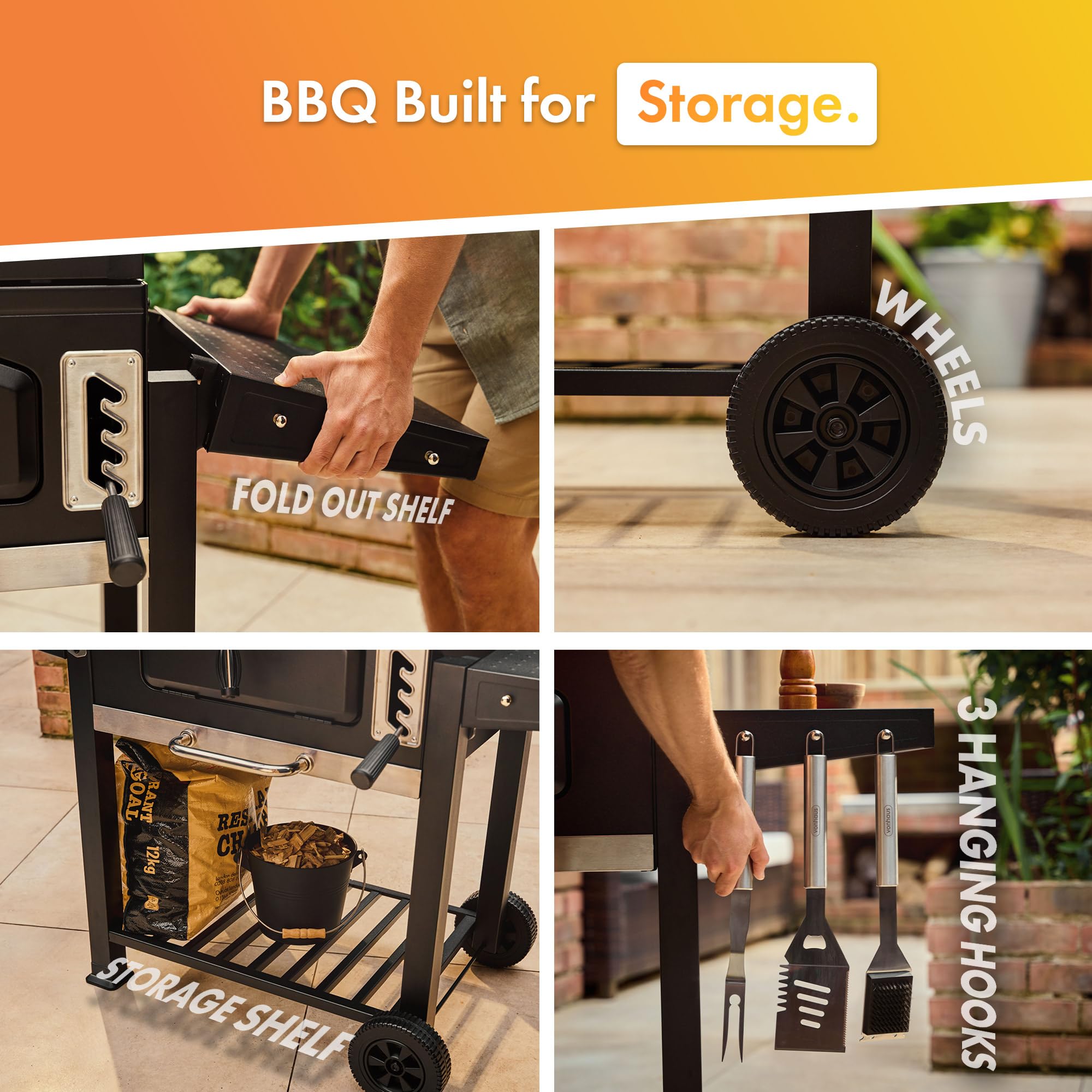 VonHaus Charcoal BBQ – XL Portable Barbecue with Warming Rack, Fold Down Shelf, Temperature Gauge, Wheels, Large Cooking Grill, Air Vents – 2 in 1 Barbeque and Wood Smoker – Grill Meat, Fish & Veg — view 6
