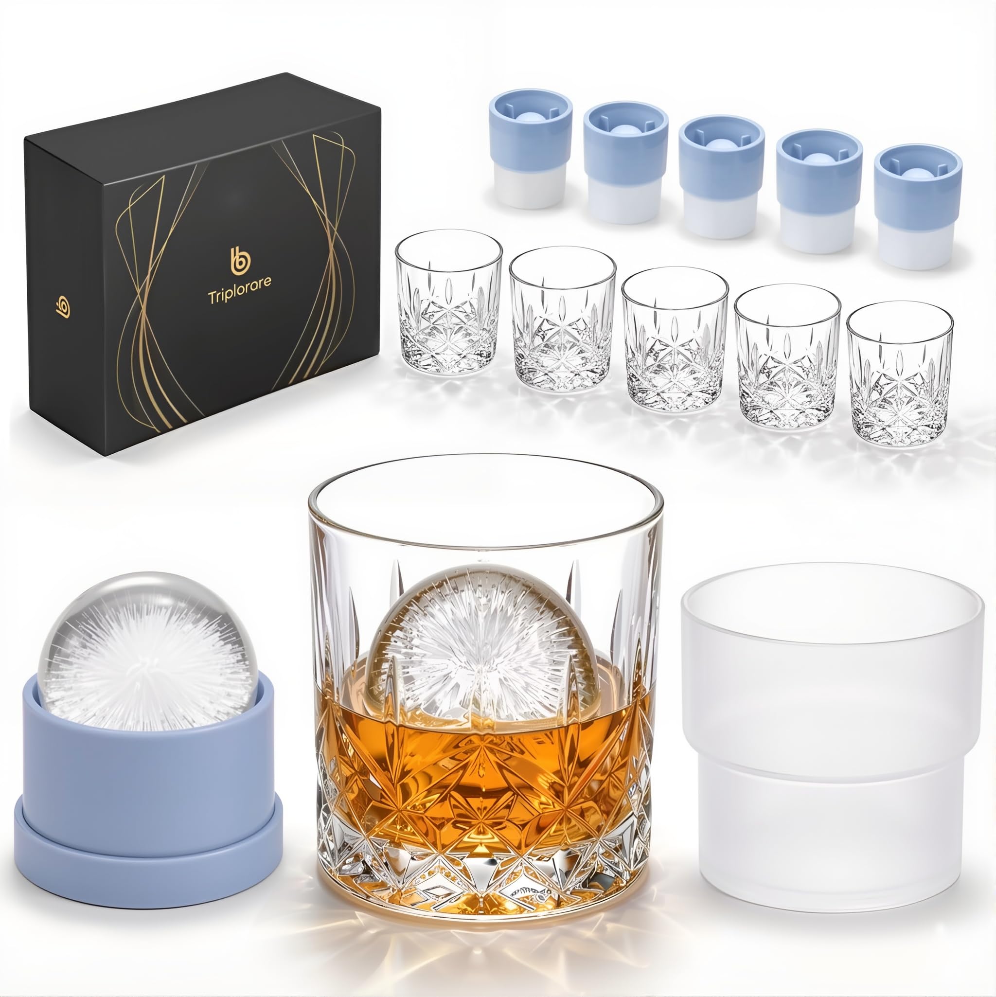 Triplorare Whisky Glasses, Set of 12 (6 Crystal Tumbler Glasses, 6 Large Ice Ball Moulds) in Gift Box - 310ml Whisky Glasses for Scotch Cocktail Rum Cognac Vodka Liqueurs, Unique Gifts for Men โ image 1