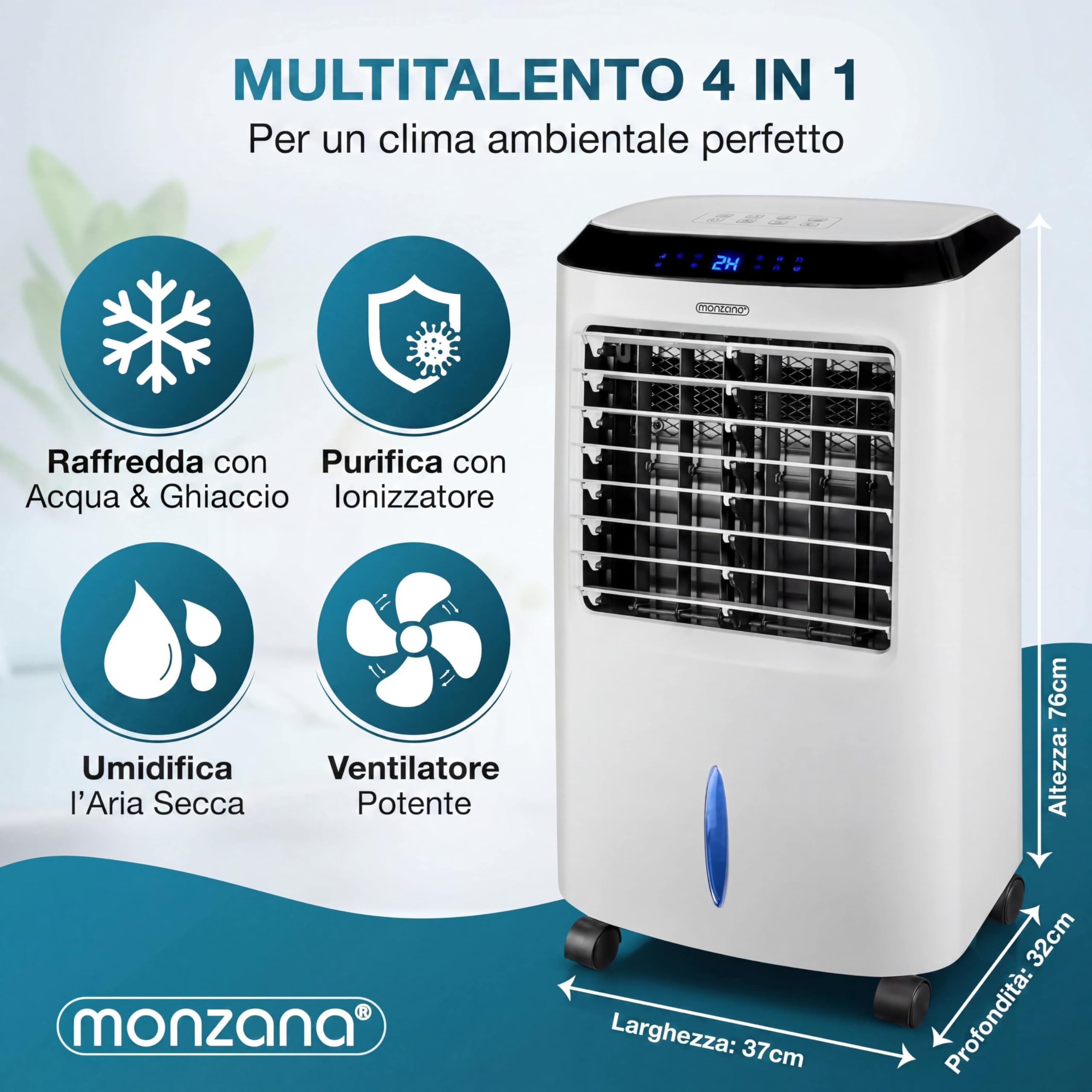 MONZANA® Condizionatore d'aria Portatile 4in1 Serbatoio 10L Ventilatore Silenzioso Modalità Sonno Telecomando Timer LED Raffreddatore Raffrescatore