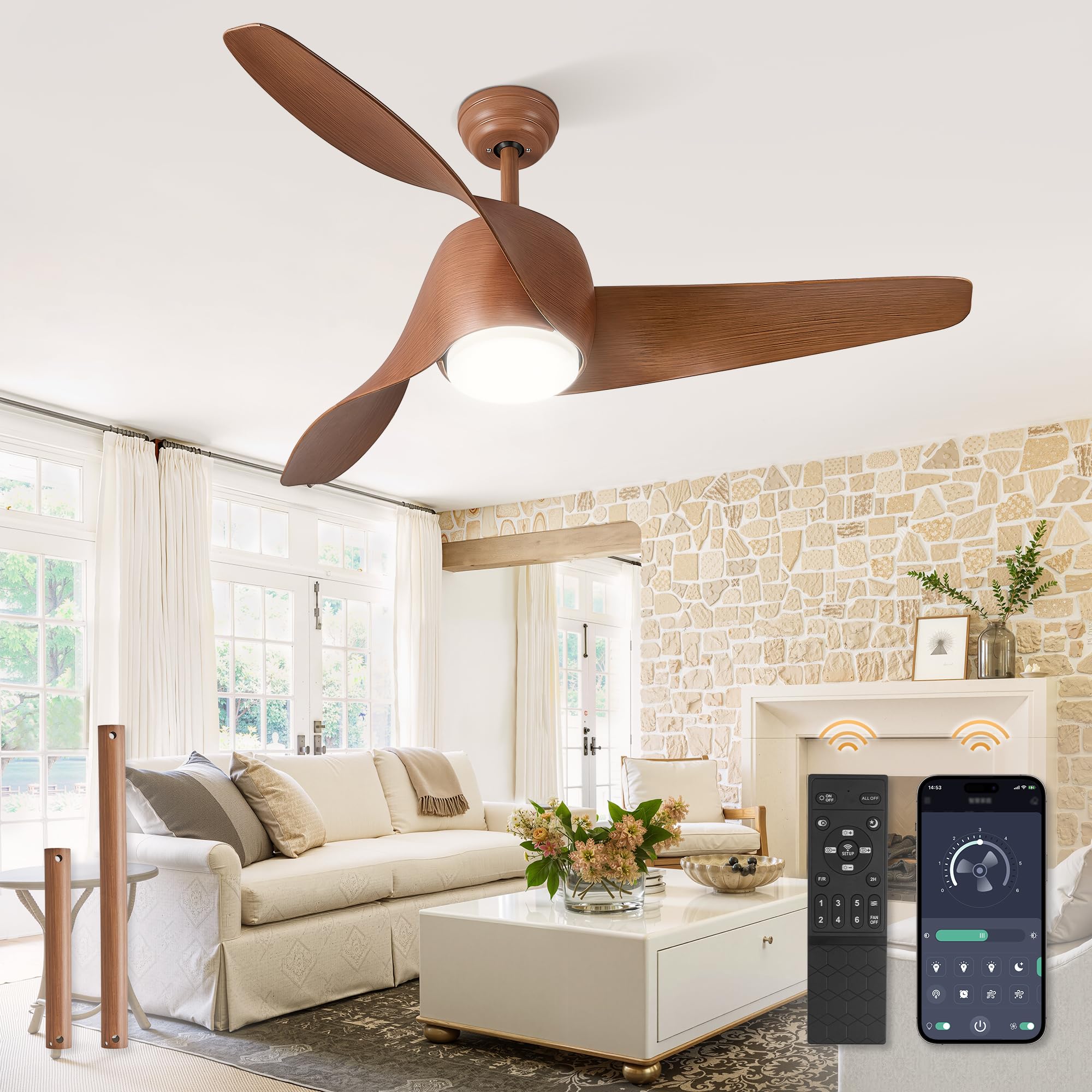 Photo 1 of ***FAN IS WARPED*** 52 Inch Ceiling Fans with Lights and Remote, Indoor 24W LED Ceiling Fan with Lights & APP Control, 3000-6000K Dimmable, 6 Speed Reversible , 3 Blade Modern Ceiling Fan for Living Room Bedroom Patio