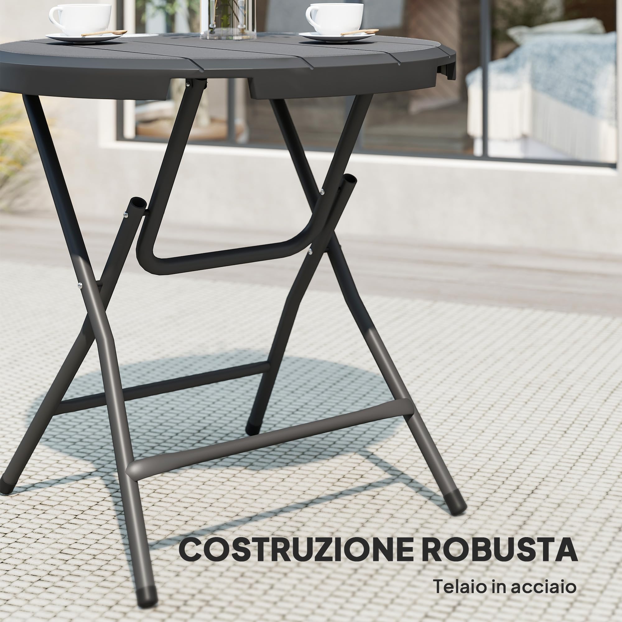 Outsunny Tavolo da Giardino Rotondo Pieghevole Ø80x73 cm Grigio Scuro | Tavolino da Pranzo, per 4 Persone, per Terrazzo e Balcone, in Acciaio e Plastica HDPE