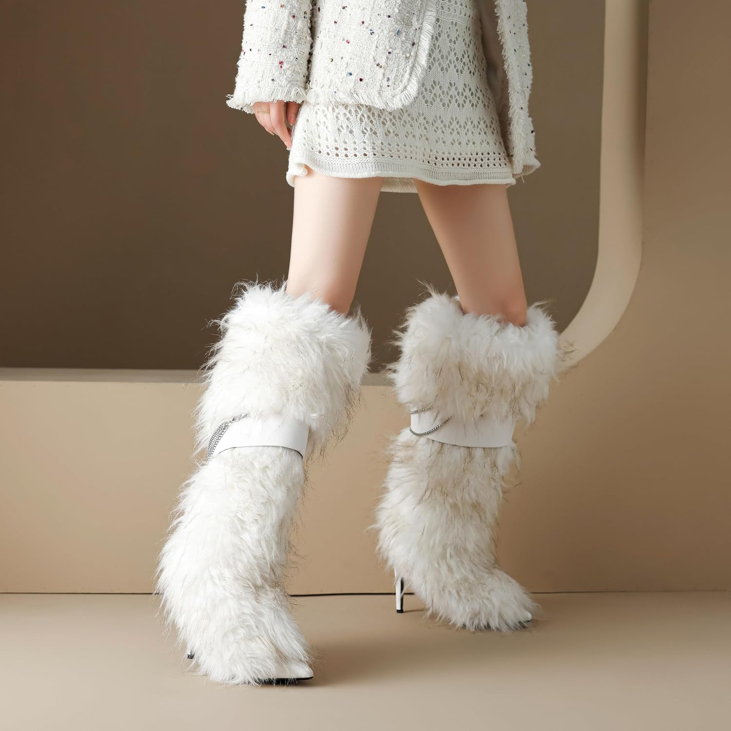 Women’s Faux Fur High Heel Boots – Furry Stiletto Boots with Chain Detail & Stretch Knit Inner Shaft Elegant Winter Fur Boot Heels for Fashion Outfits & Cold Weather