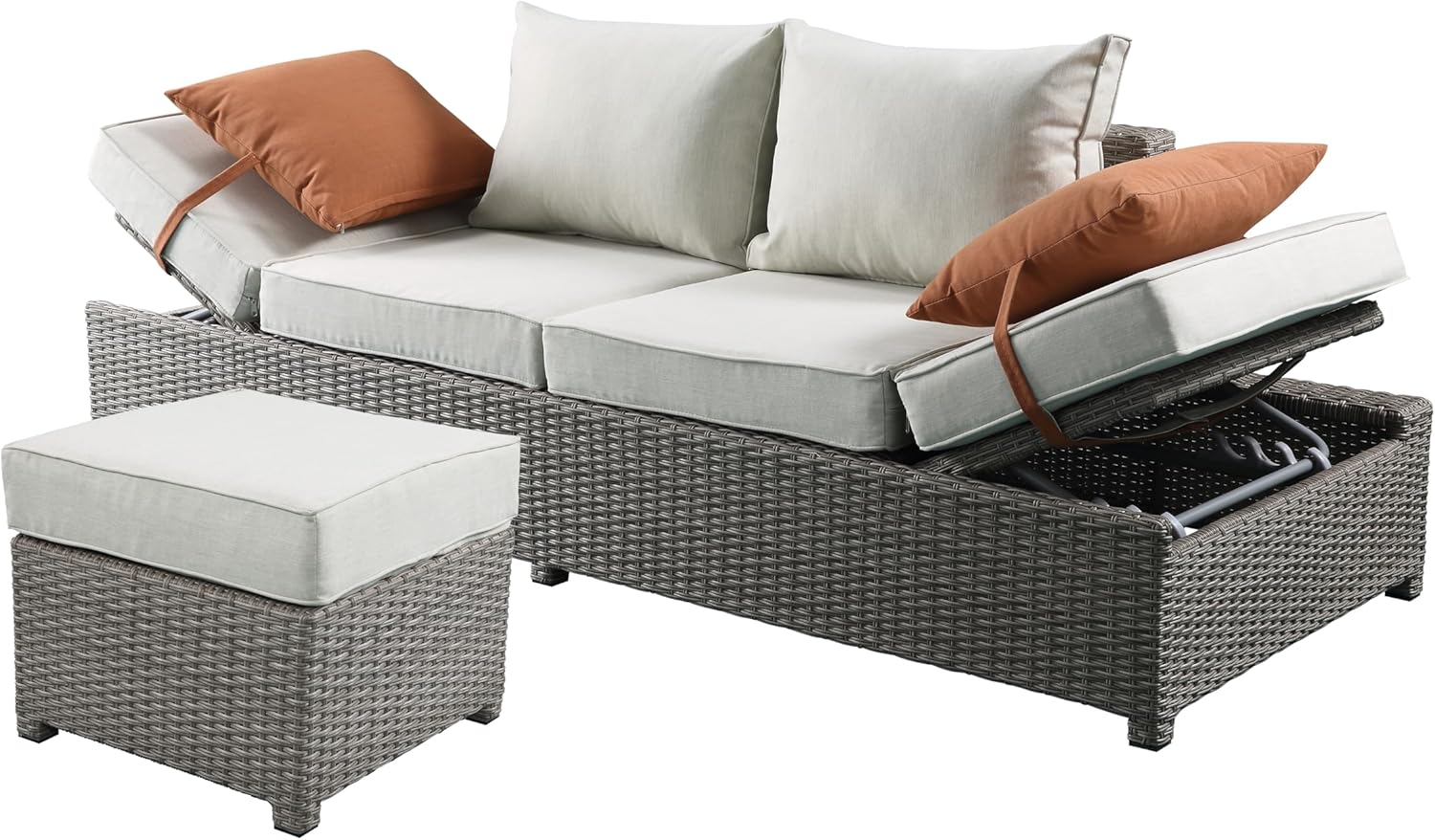 Beige Fabric & Gray All-Weather Wicker Patio Sofa & Ottoman with 2 Toss Pillows